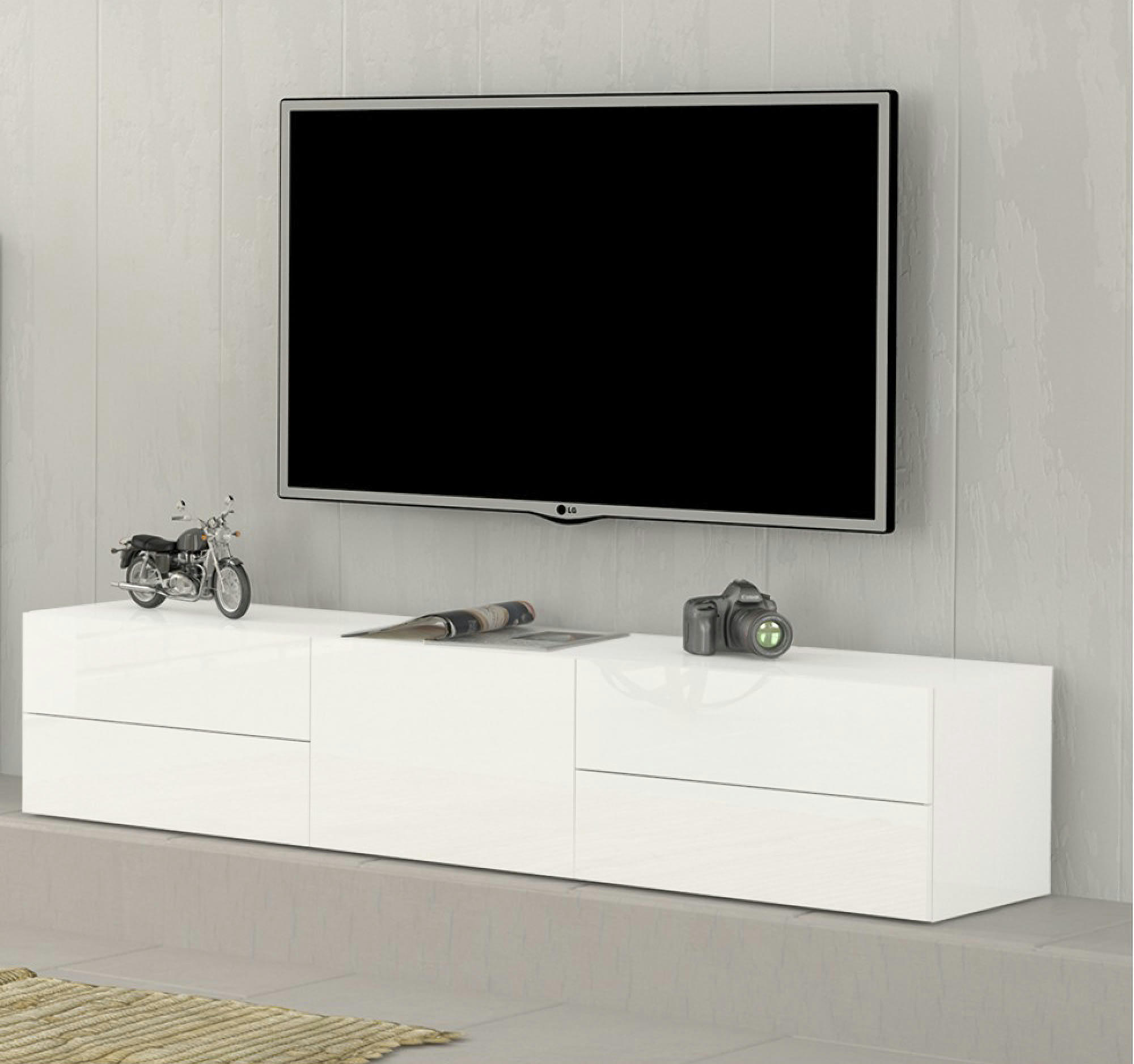 - Meuble tv de salon effet bois blanc brillant