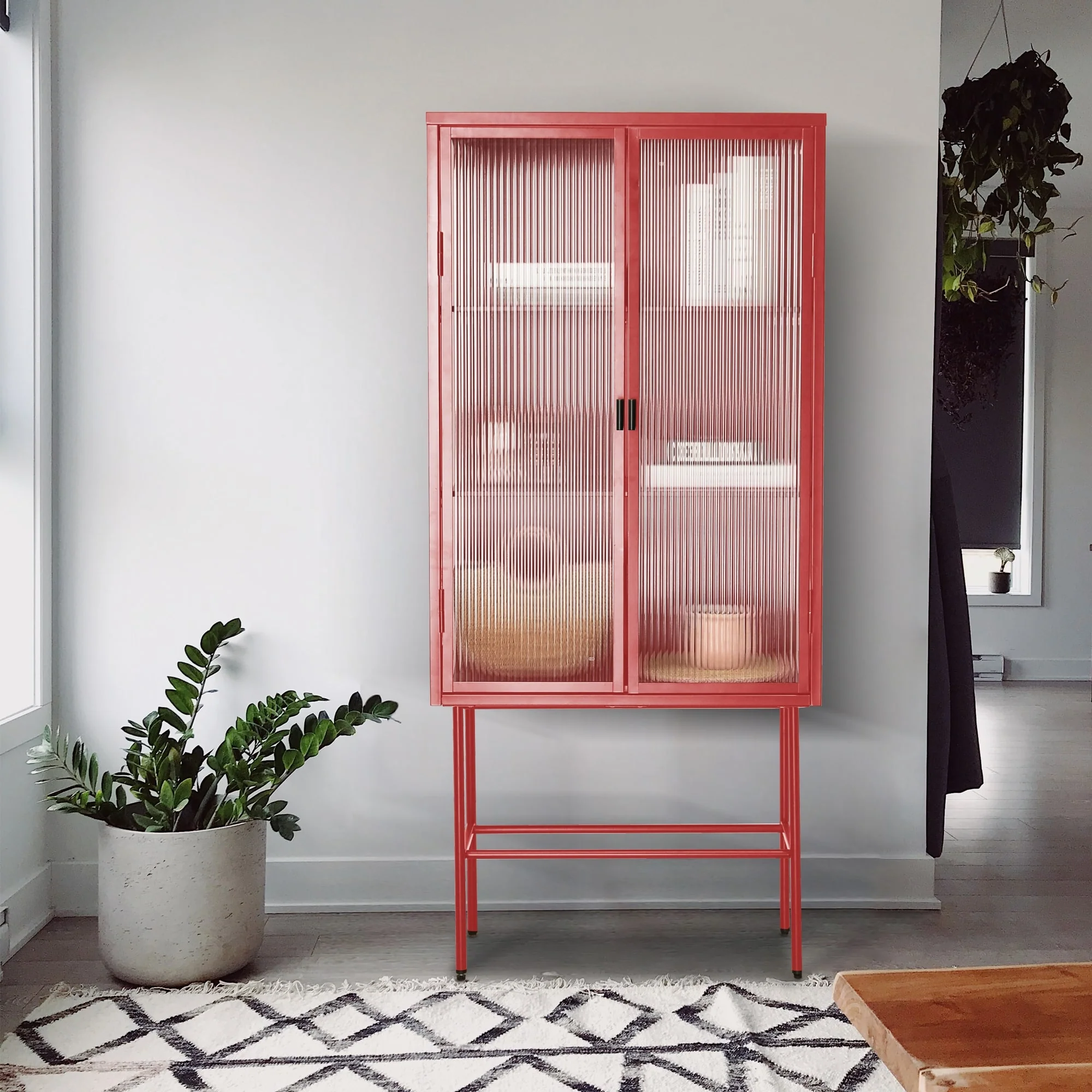 Tall Freestanding Display Cupboard Stylish Fluted Glass Storage Cabinet with Glass Doors Three Detachable Shelves Bottom Space