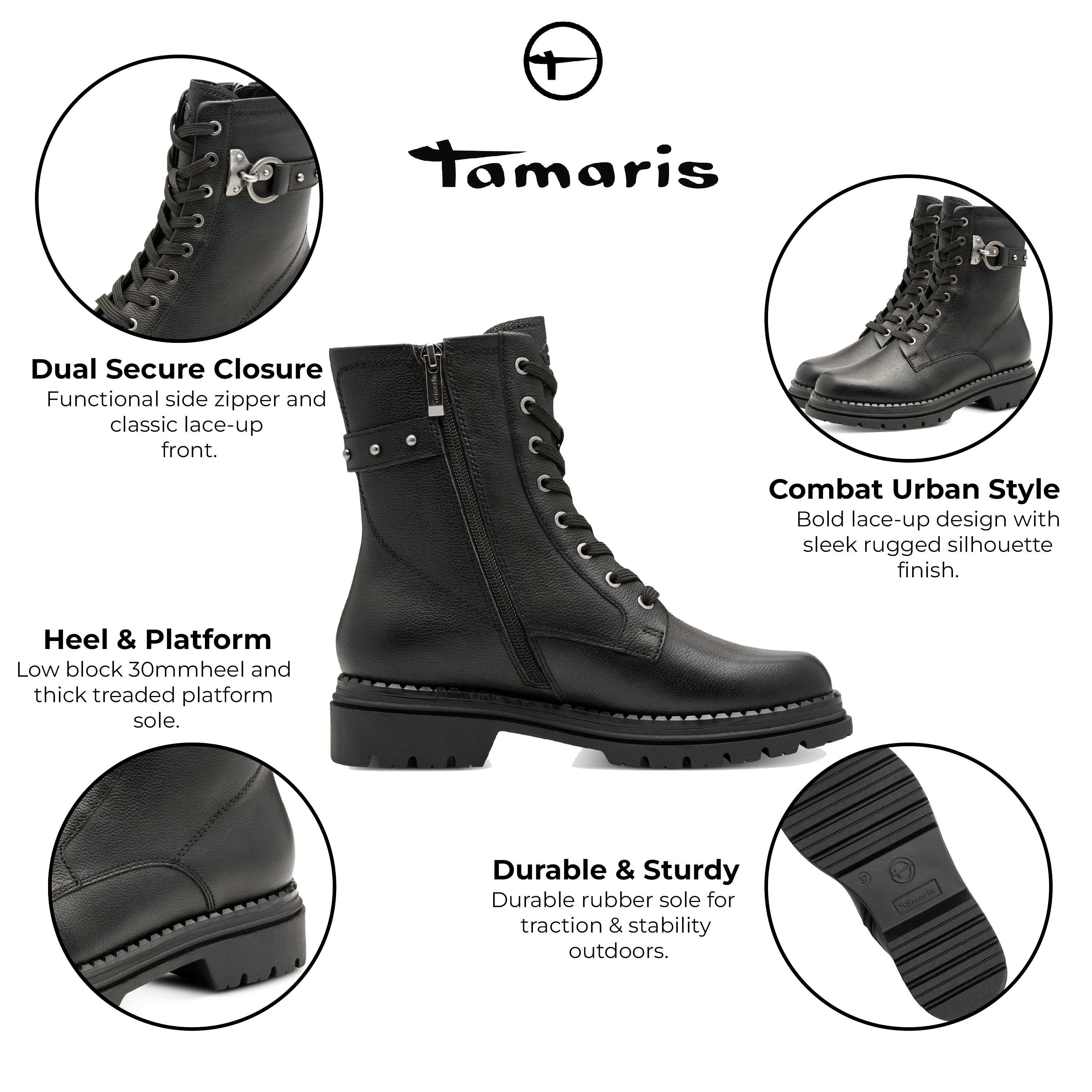 Infinity Leather Tamaris Fashion Leather Lace-Up Zip Combat Ankle Boots