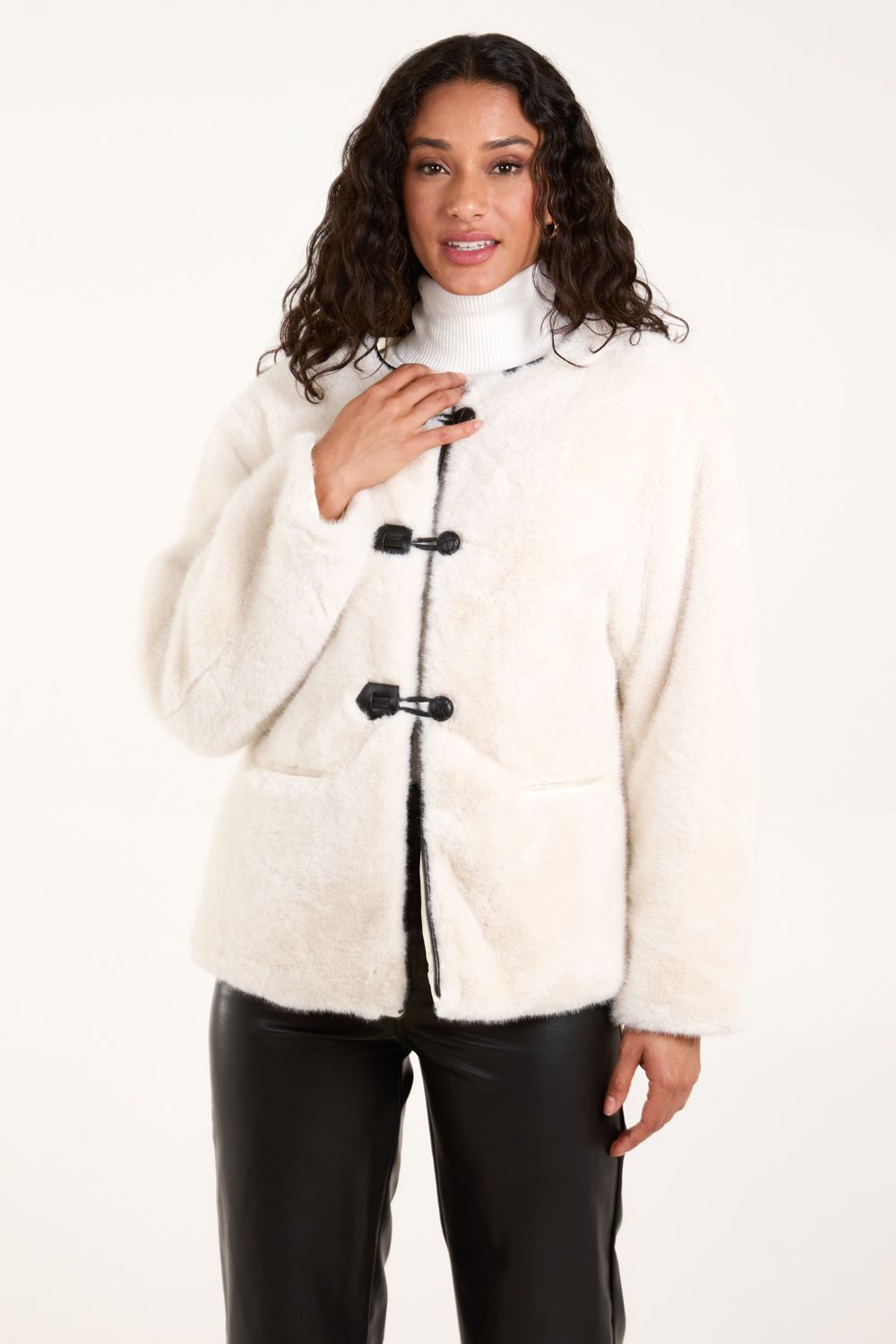 Blue Vanilla Collarless Toggle Detail Fur Jacket