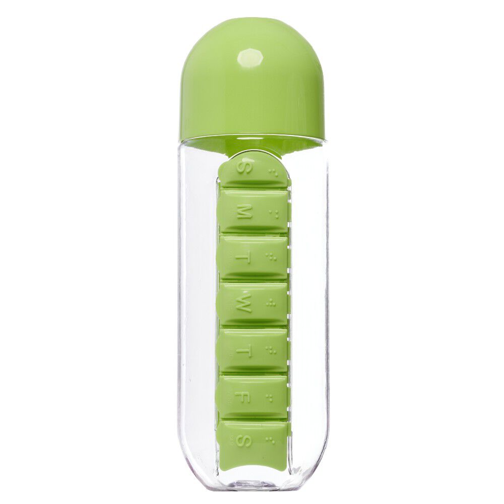 Gourde pilulier hebdomadaire transparente et verte
