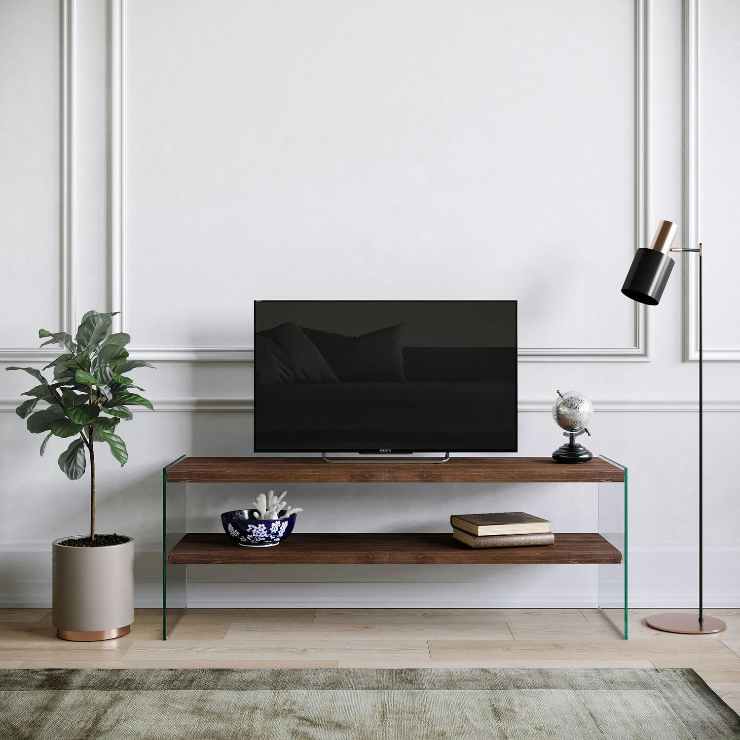 - Meuble tv en bois de pin massif et structure en verre 1 étagère marron
