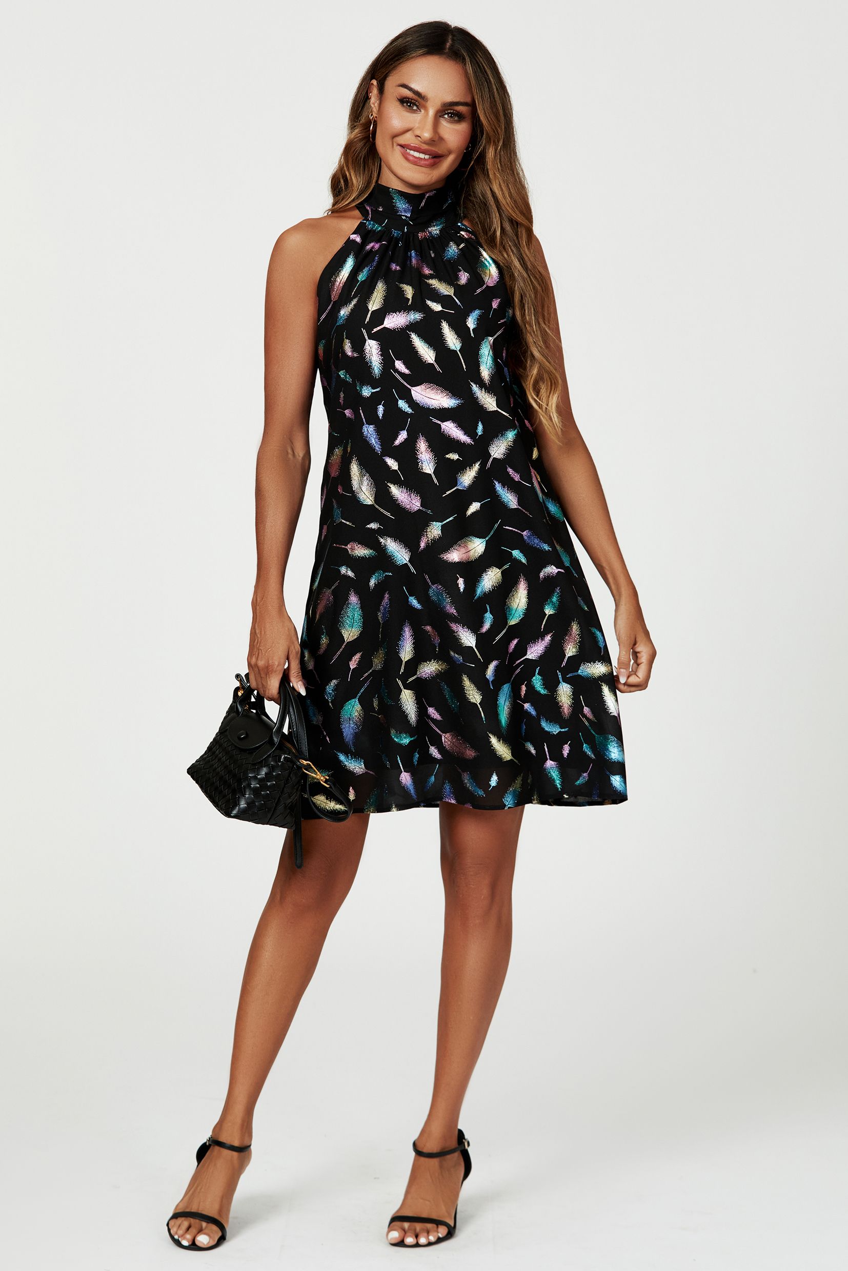 FS Collection Rainbow Leaf Foil Halter Neck Tie Back Mini Dress In Black