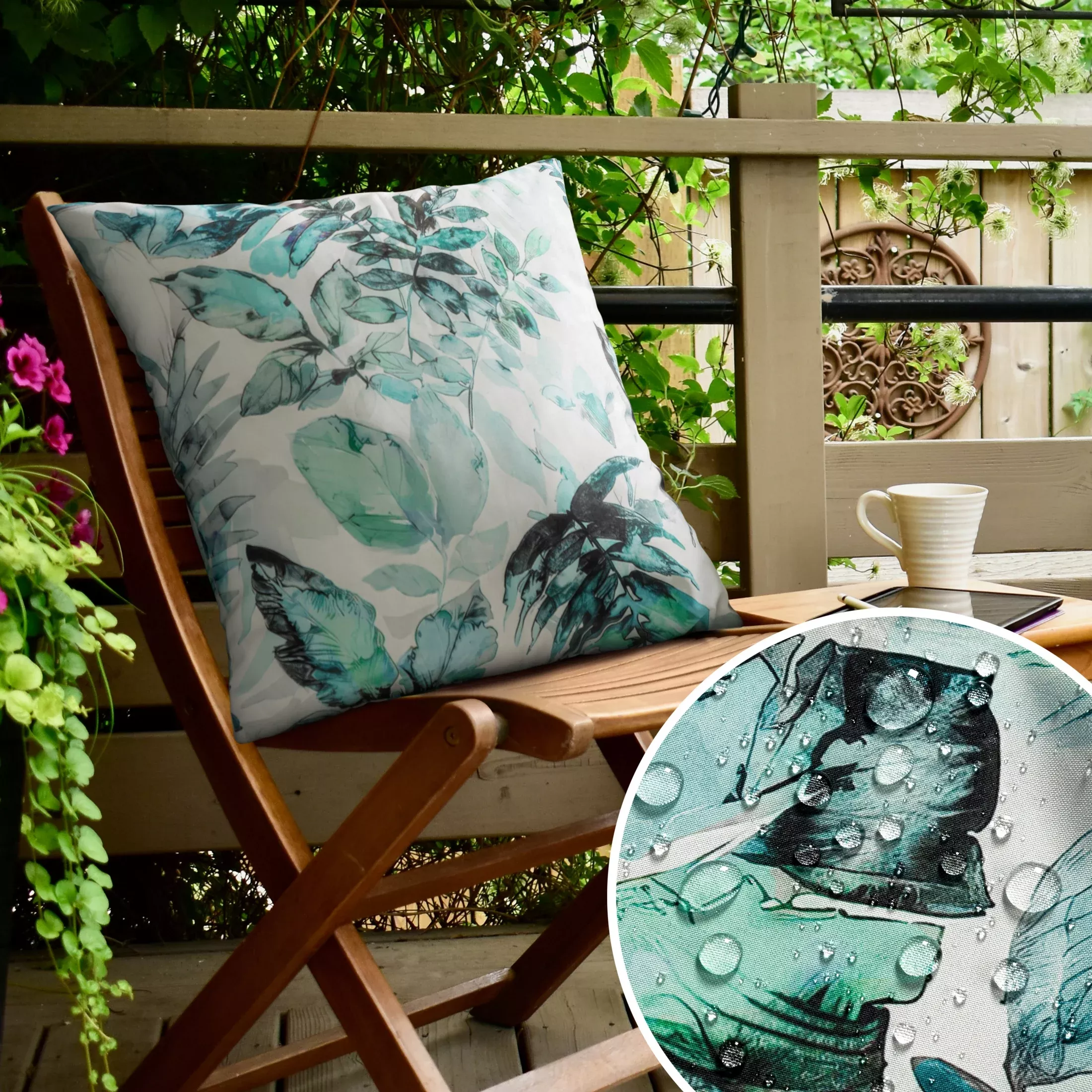Poszewka na poduszkę 45x45 cm z tkaniny wodoodpornej biało, zielona idealna do ogrodu i na taras z motywem roślinnym GARDEN 2