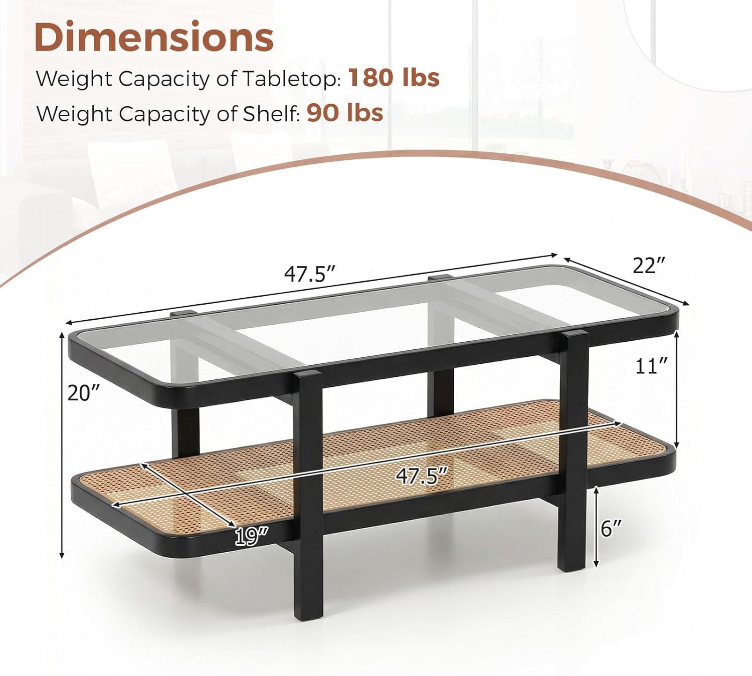 Giantex Rattan Coffee Table, 47.5 Rectangle Solid Wood Tea Table w/Tempered Glass Tabletop, Rattan Storage Shelf, 2-Tier Boho Coffee Tables, Farmhouse Center Table for Living Room (Black)