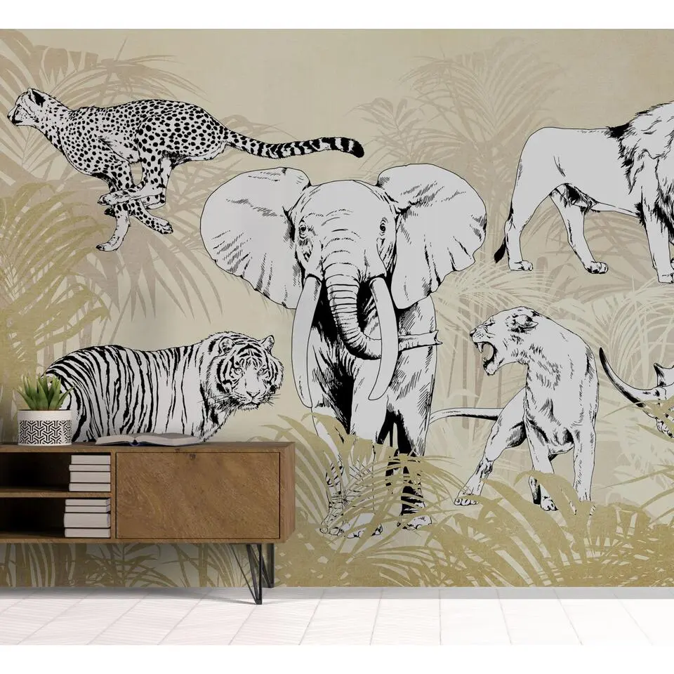 Sanders & Sanders fotobehang jungle dieren beige en zwart wit - 424 x 280 cm