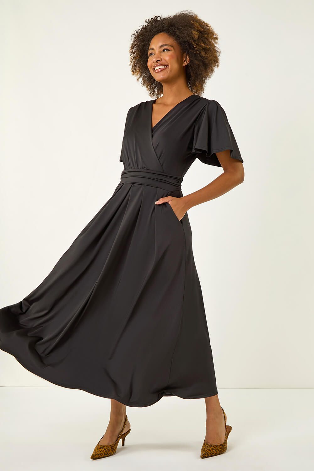 Roman Tie Back V-Neck Stretch Midi Dress