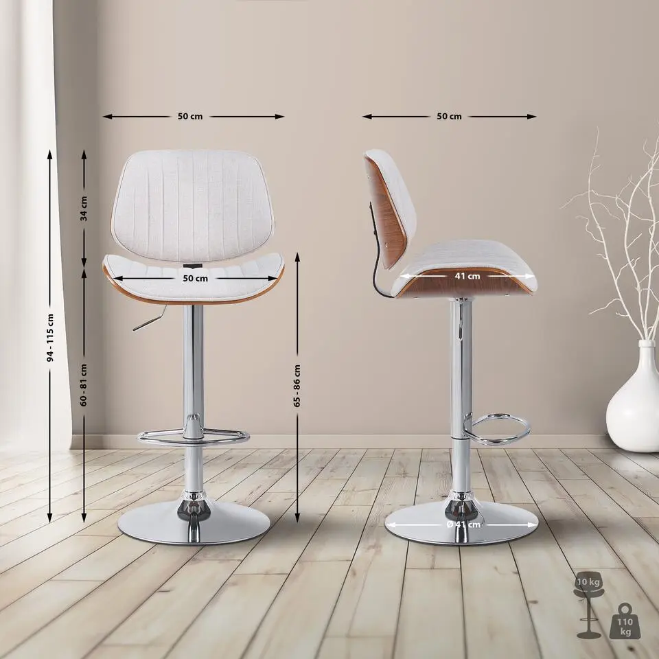 CLP Barkruk Clawson chroom Frame - Stof - walnoot/creme