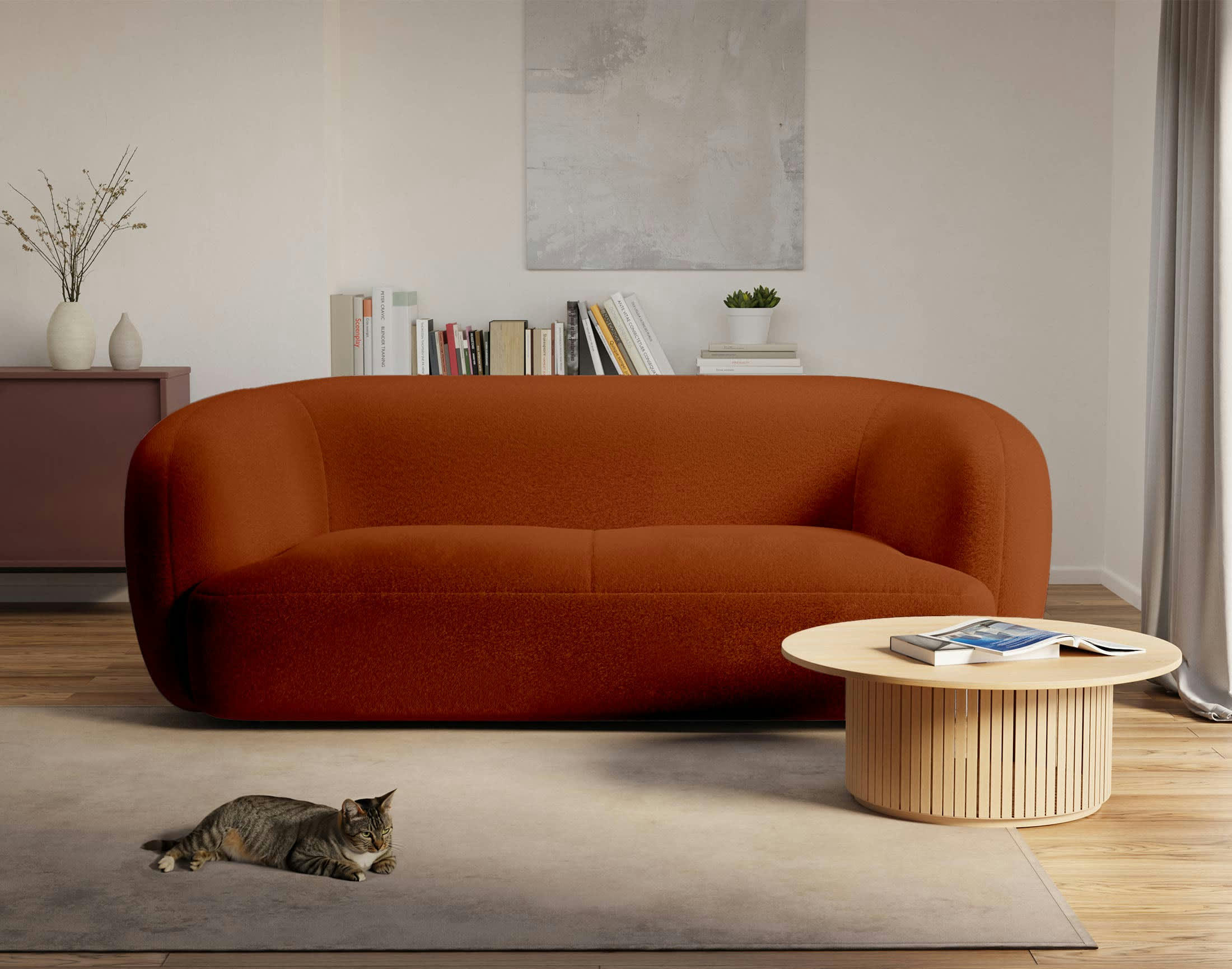 ERNEE - Canapé droit 3 places en velours terracotta