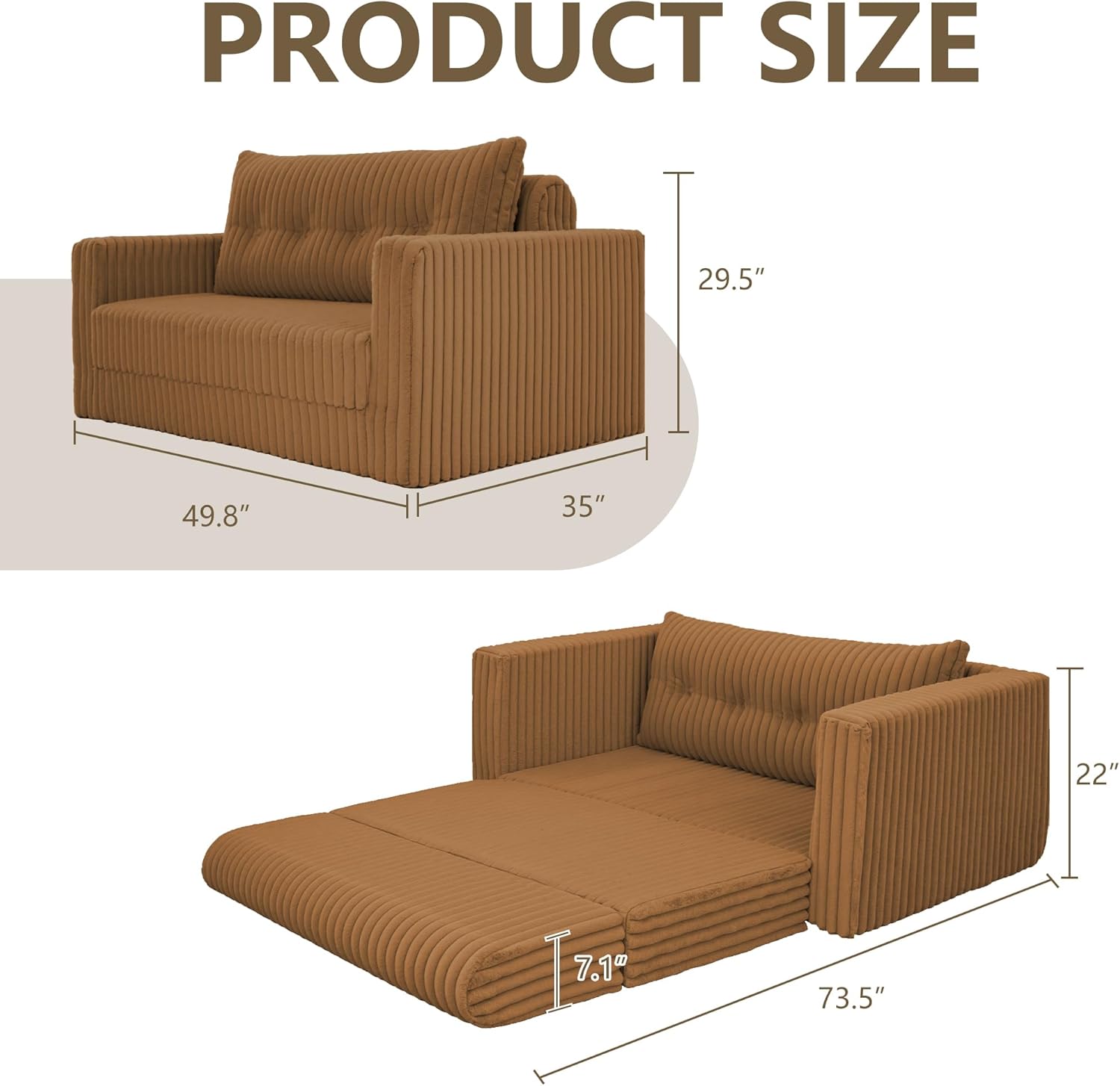 HABUTWAY Folding Sofa Bed, 2 in 1 Convertible Sleeper Chair with Pillow, Portable Fold Out Chair Bed with Armrest, Comfy Floor Couch, Lazy Sofa for Living Room Bedroom Dorm Home Office, Orange