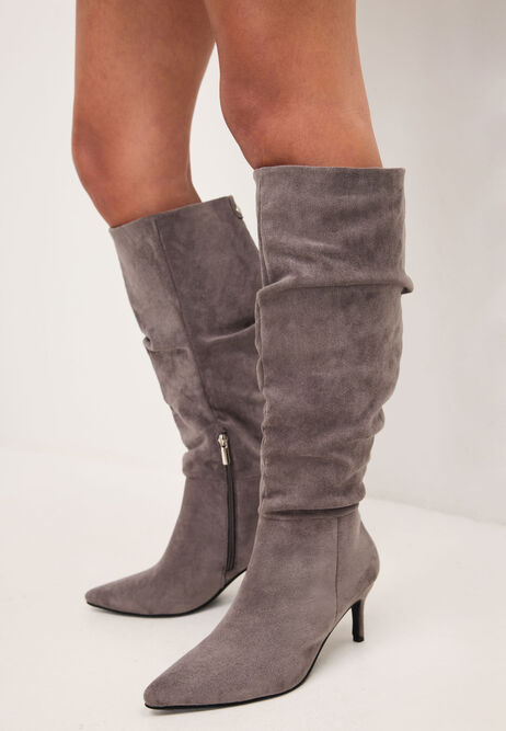 Womens Grey Ruched Knee High Stiletto Boots