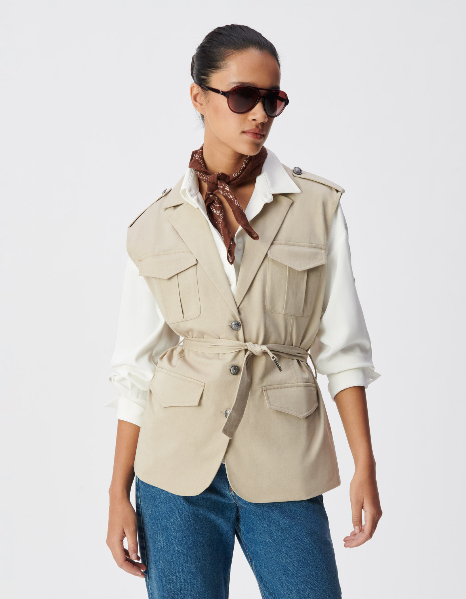 Veste saharienne beige sans manches Femme