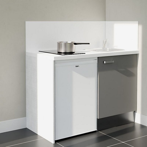 Kitchenette K08 - 120 cm - Façades : Gris - Plan de travail : Blanc - Crédences : Oui - Evier Inox