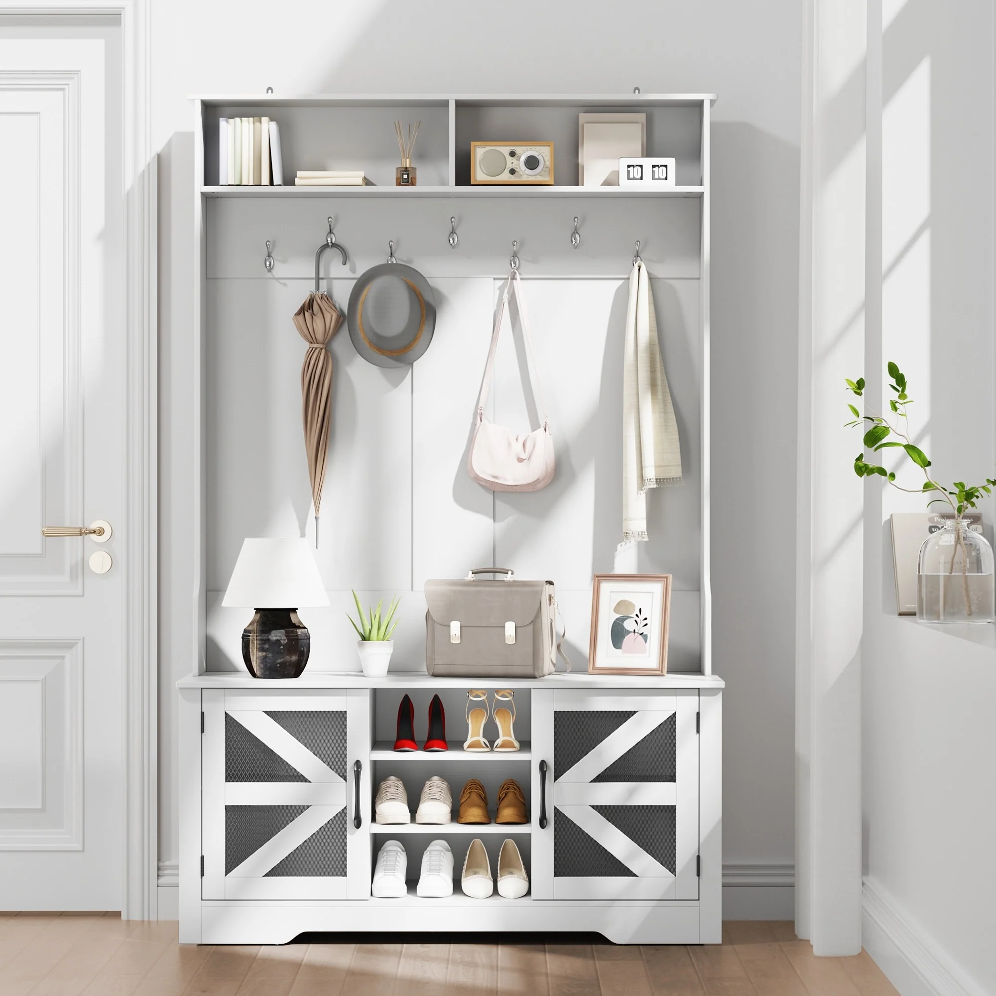 5 in 1 Hall Tree with Storage Bench, Entryway Bench with Coat Rack, Shoe Cubbies, Coat Hooks