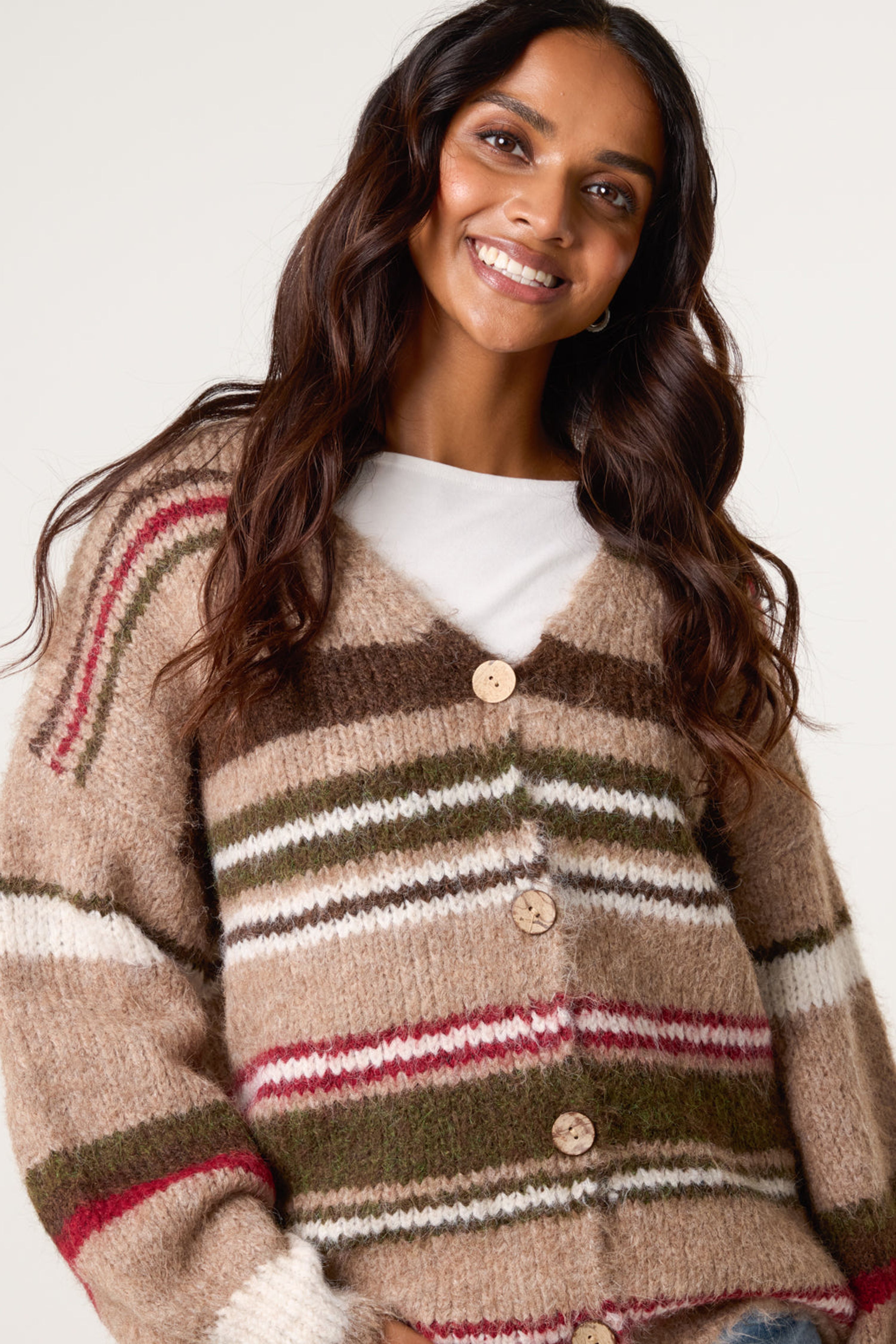 Blue Vanilla Light Brown Multi Stripe Knit Cardigan