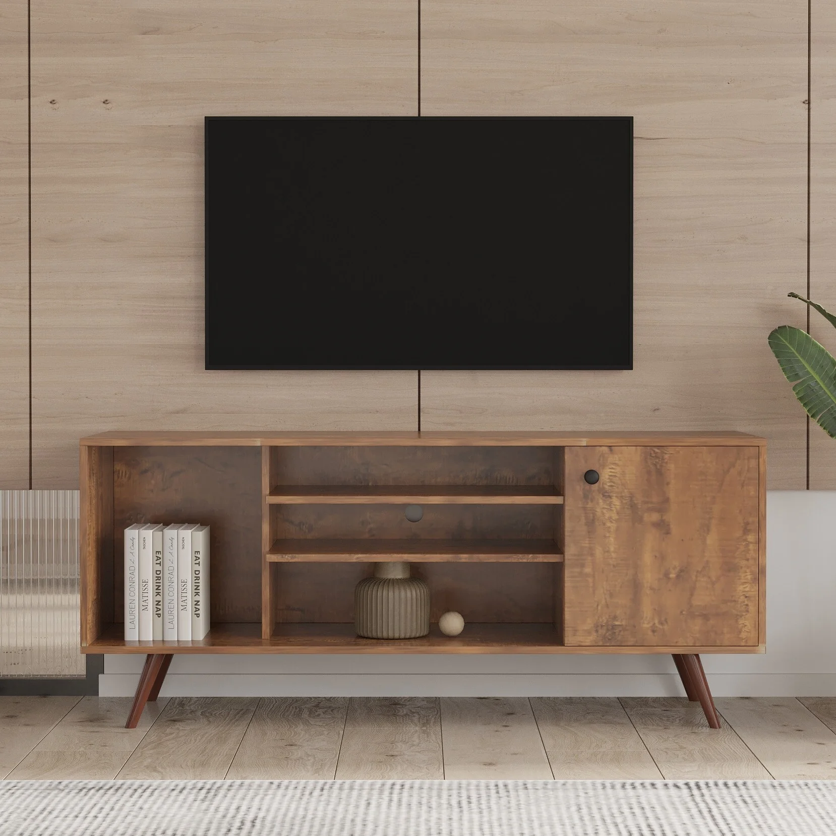 Walnut 53 TV Stand with Wood Legs, Storage & Shelves