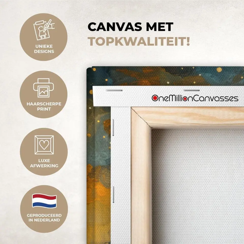 MuchoWow Canvas Schilderij 120x80cm Boom Maan Bloemen Goud