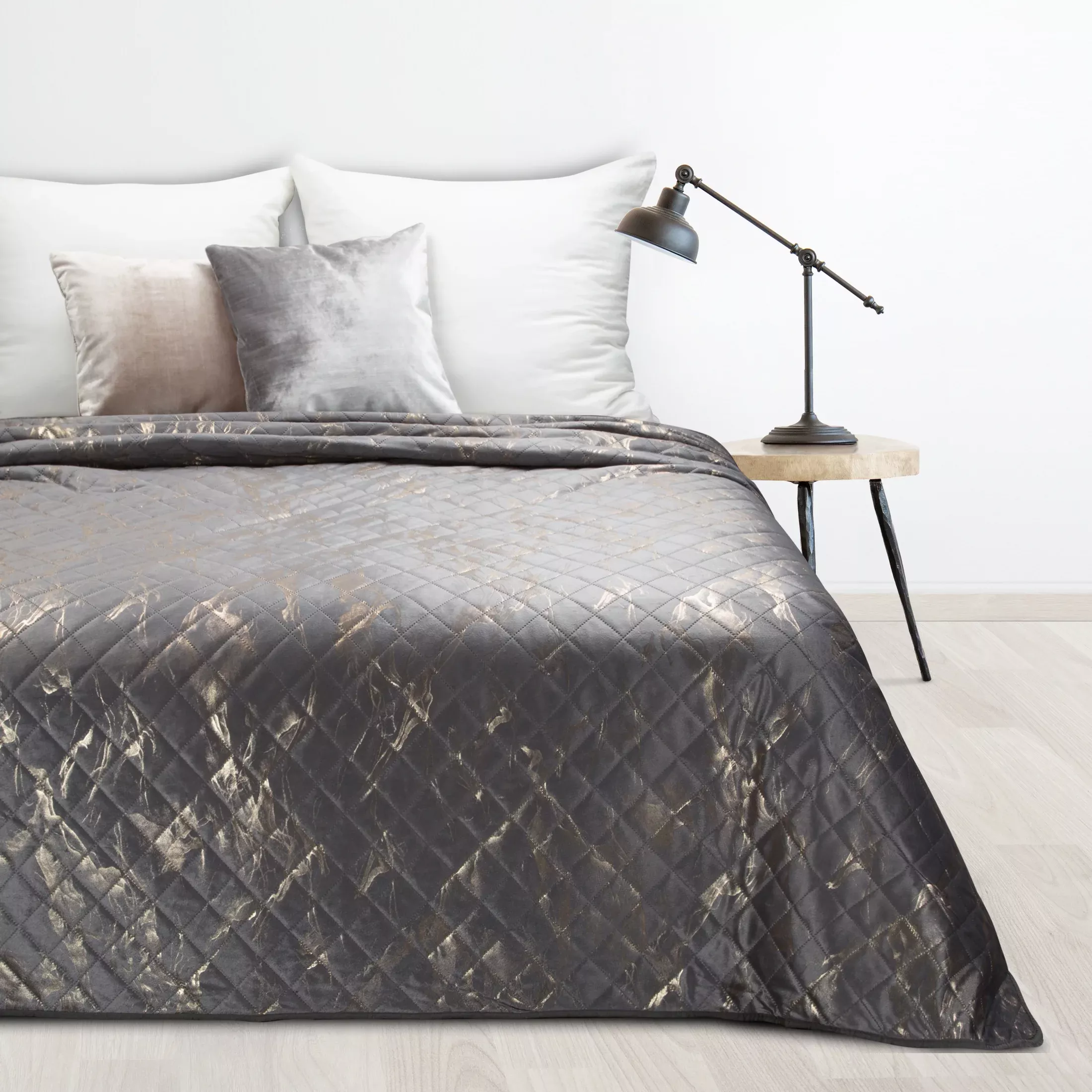 Narzuta welwetowa stalowo, złota 200x220 cm z welwetu zdobiona wzorem marmuru LUIZ 6 Design 91