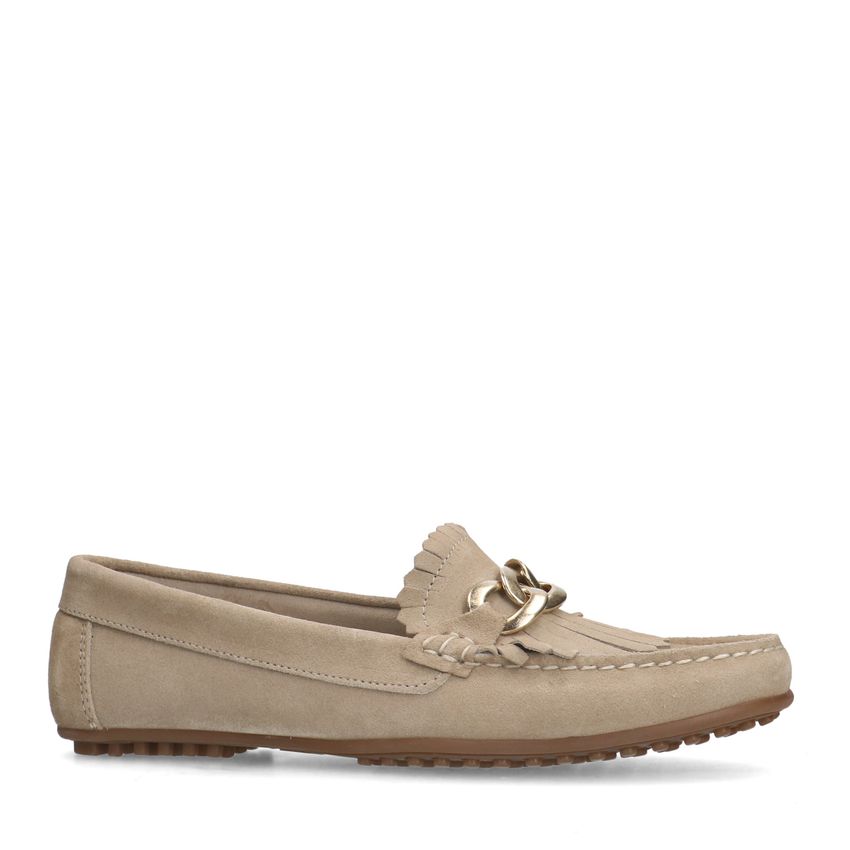 Manfield Taupe suède loafers met goudklerurig detail