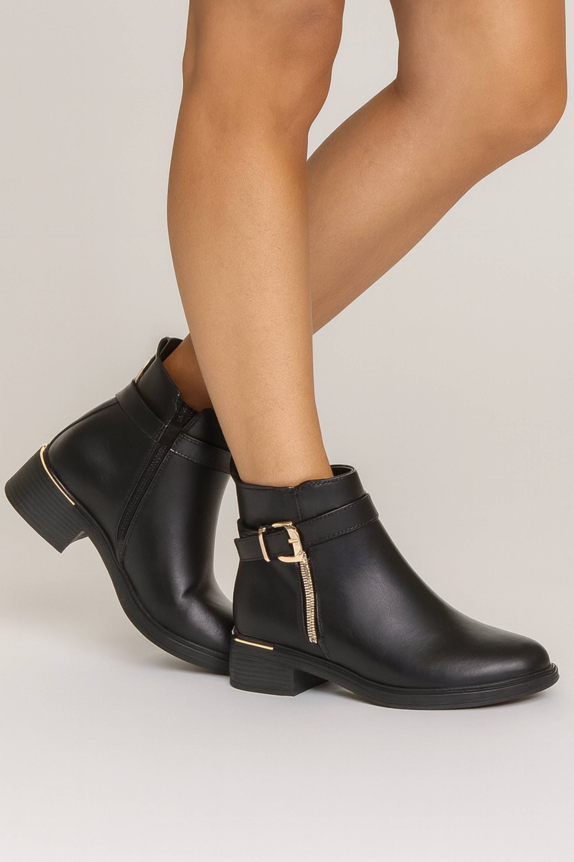 AJVANI Low Heel Gold Zip Chunky Sole Buckle Ankle Boots