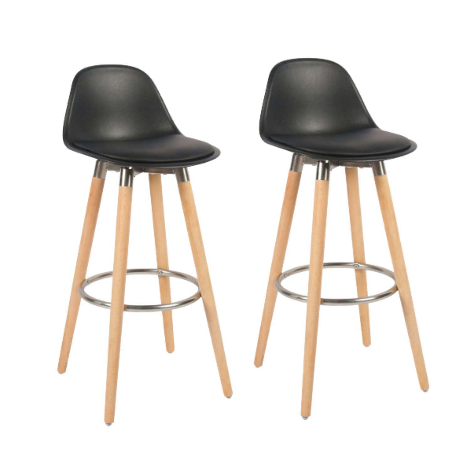 TABOURET B&B - Lot de 2 tabourets noir pieds en bois naturel 39,5x44x91cm