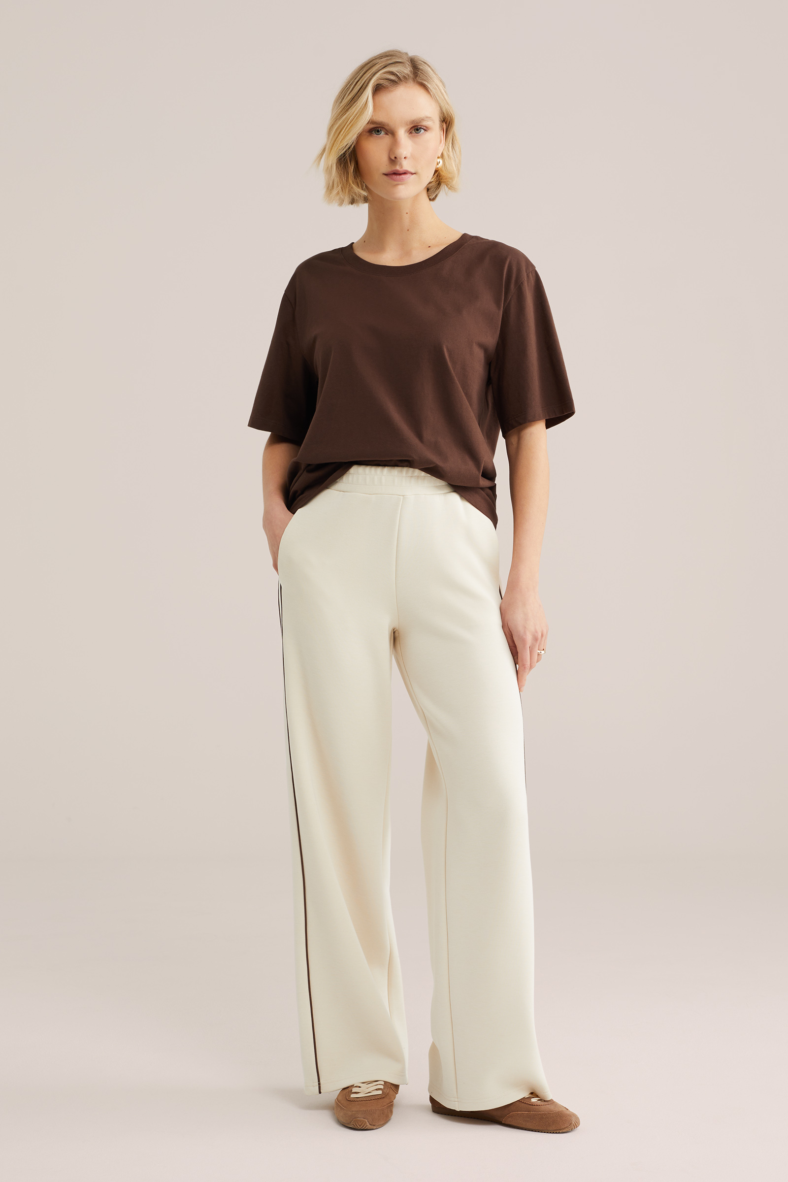 Dames wide leg broek van sweatstof met streep