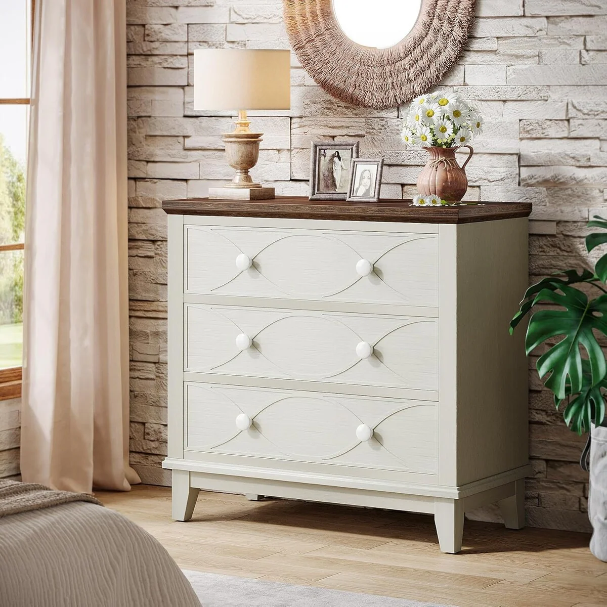 31.5 Farmhouse Nightstand with 3 Drawers, Large Wood Bedside Table