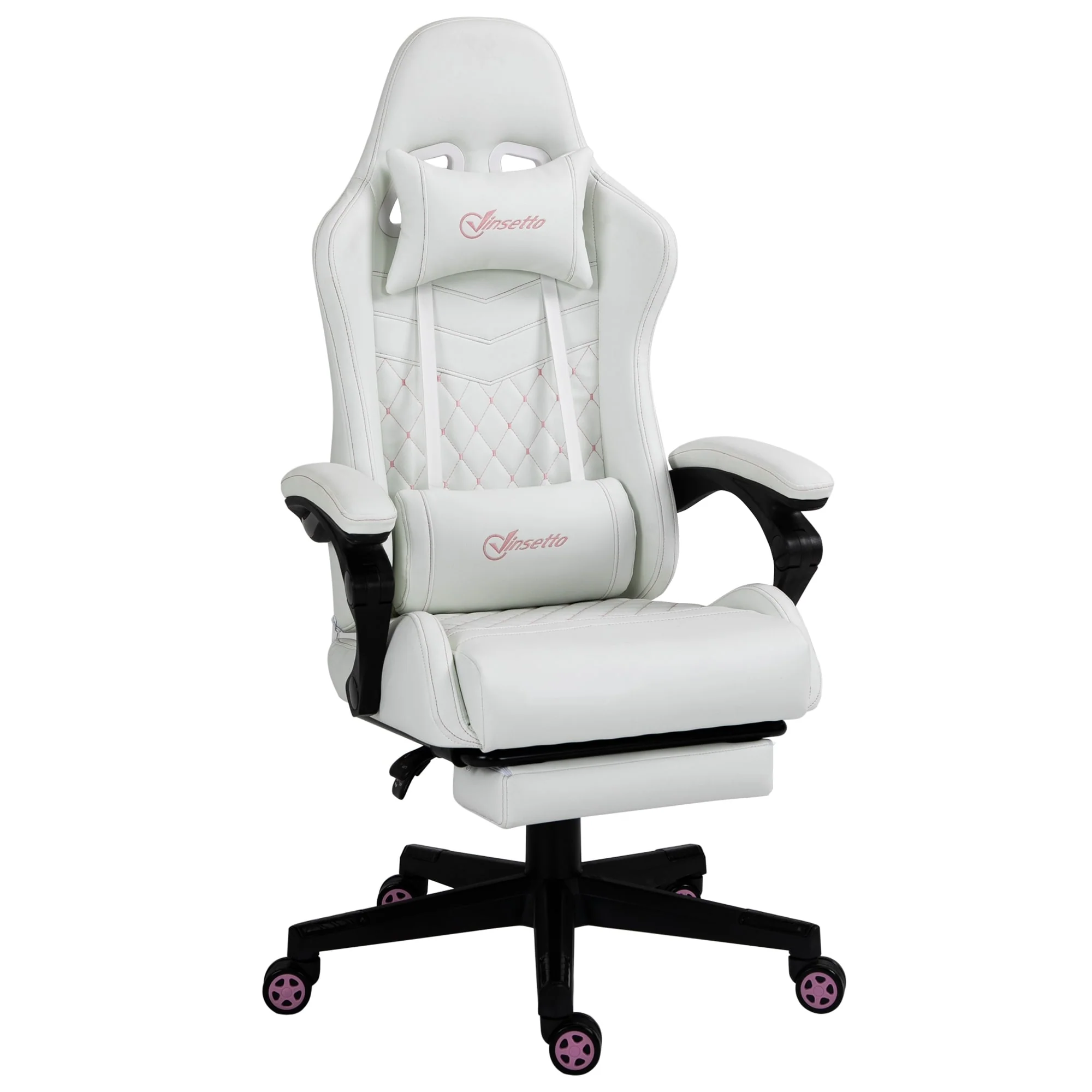 Vinsetto High Back Racing Gaming Chair with Swivel Wheel, PU Leather Recliner Gamer Desk Home Office Chair, White/Pink