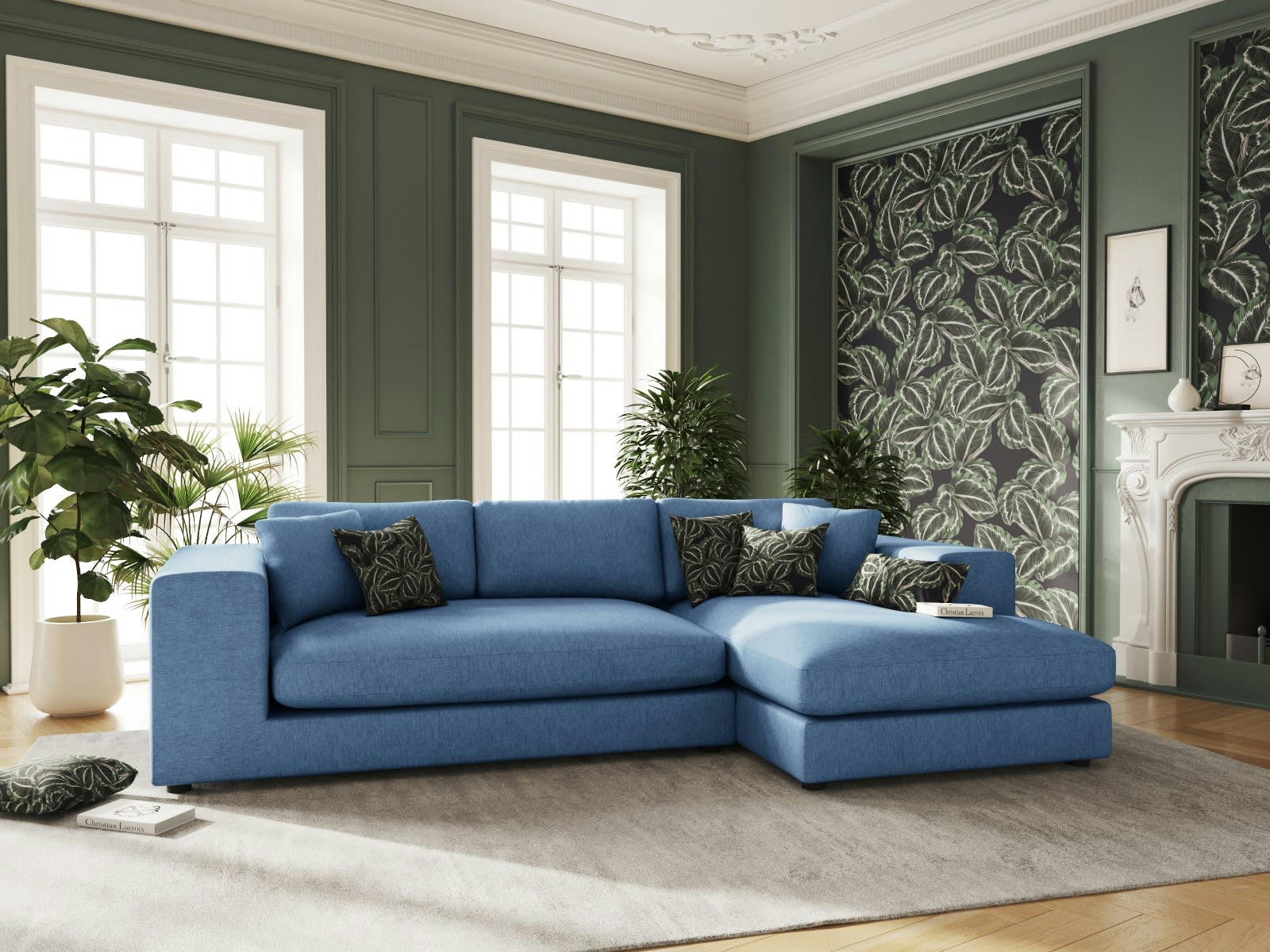 TENDANCE - Canapé D'Angle Droit 5 places en Tissu Structurel Bleu Foncé