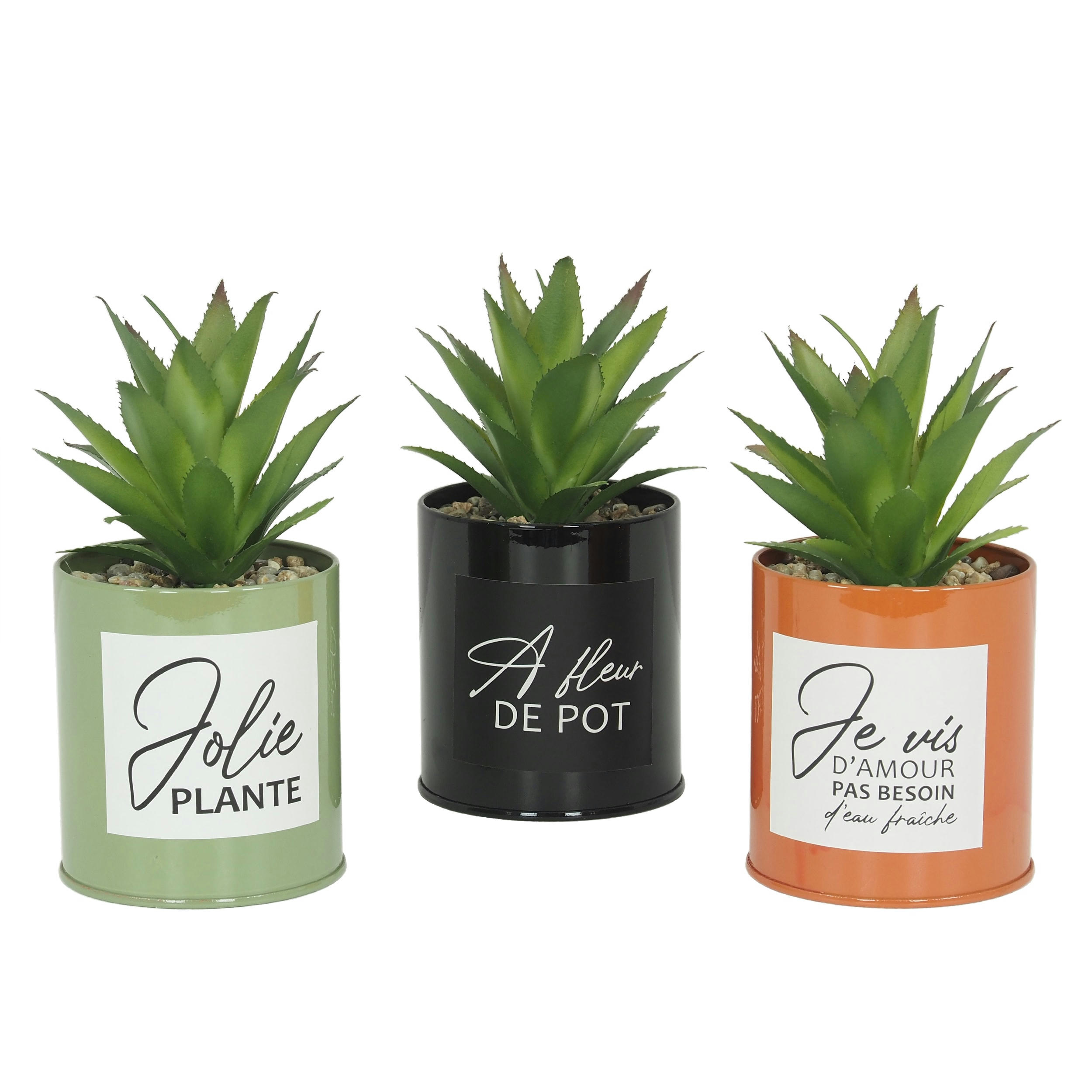 - Lot de 3 succulentes artificielles en pot à message en métal coloré