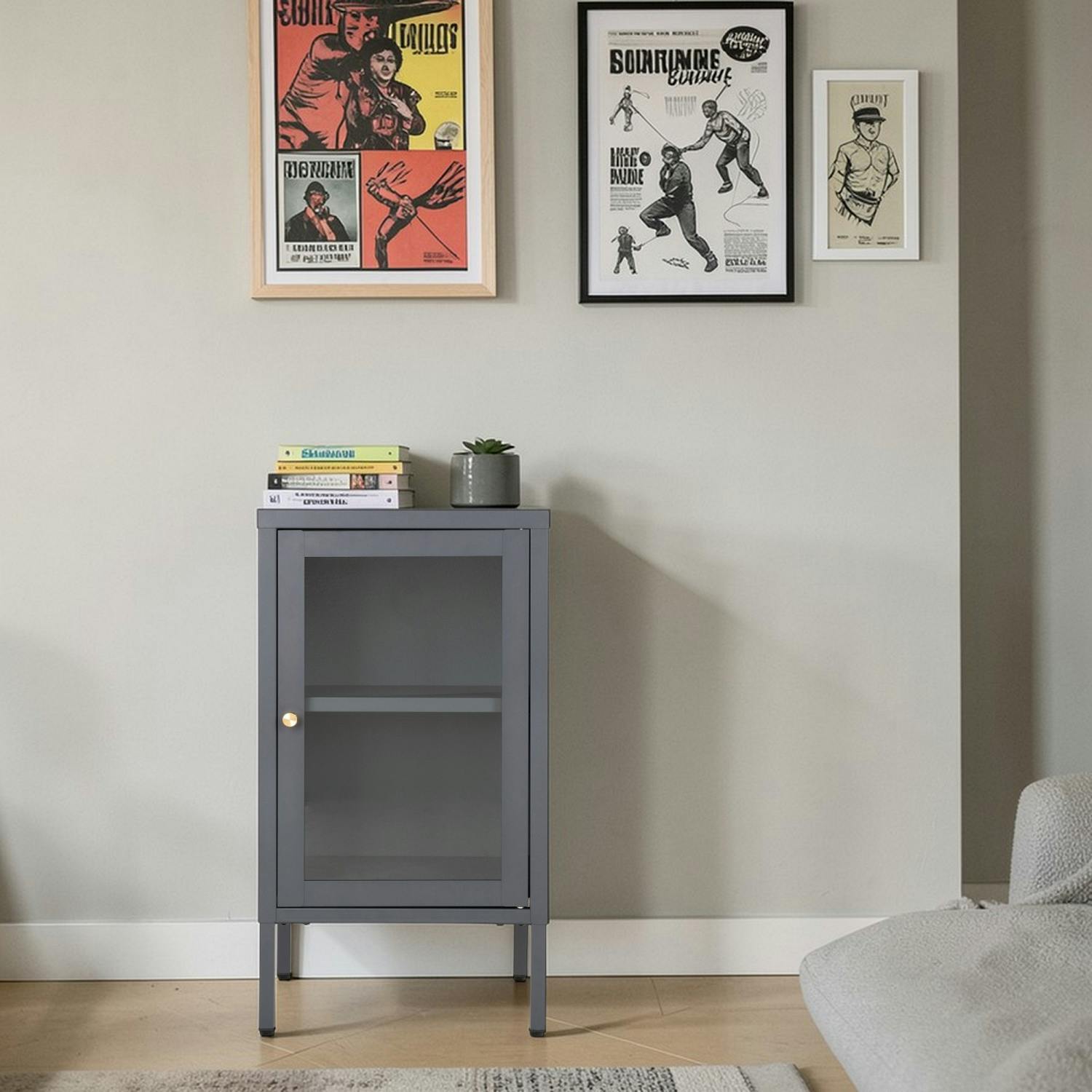 Petit meuble de rangement en métal gris 1 porte vitrée ODENSE