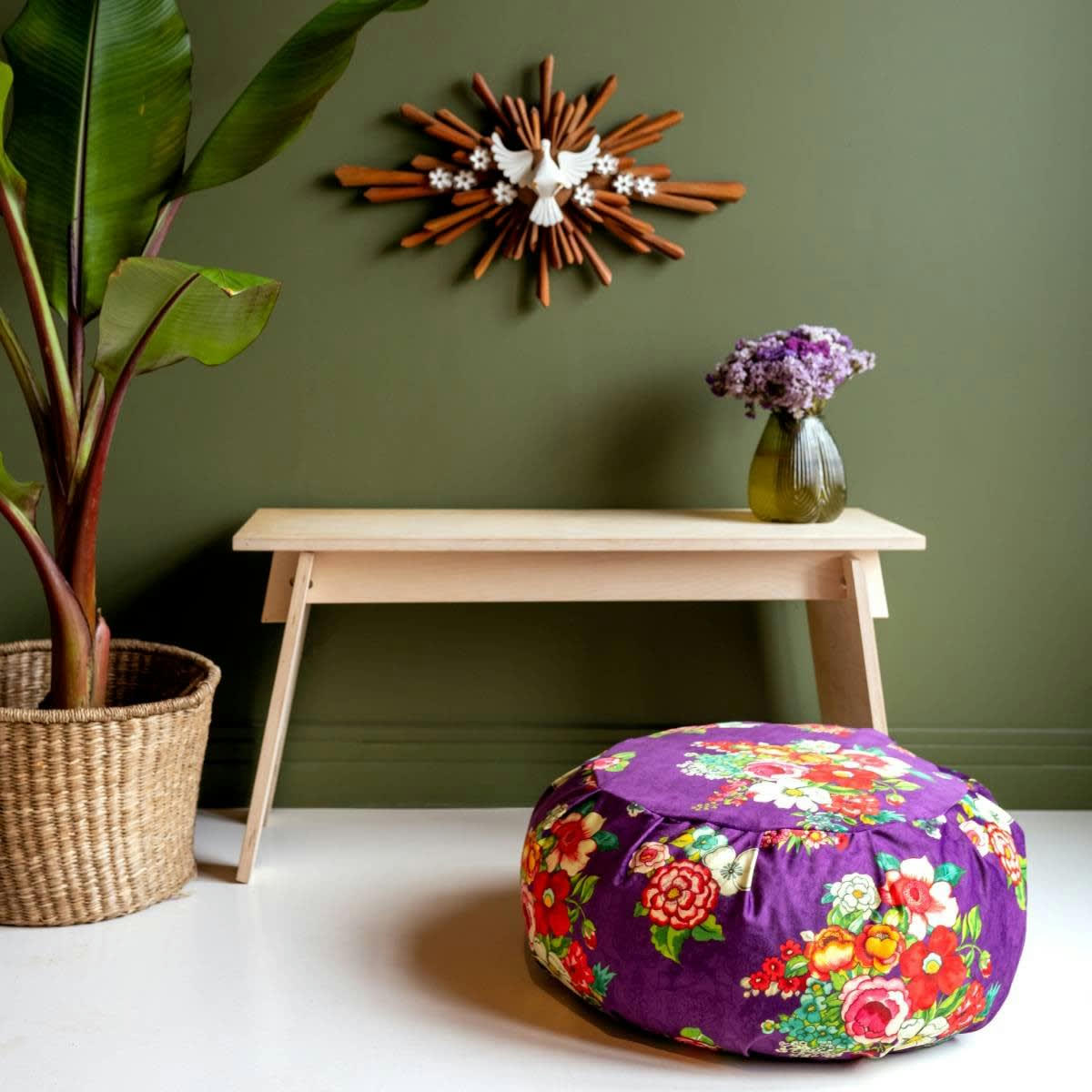- Grand pouf rond en velours imprimé fleuri violet h. 25cm