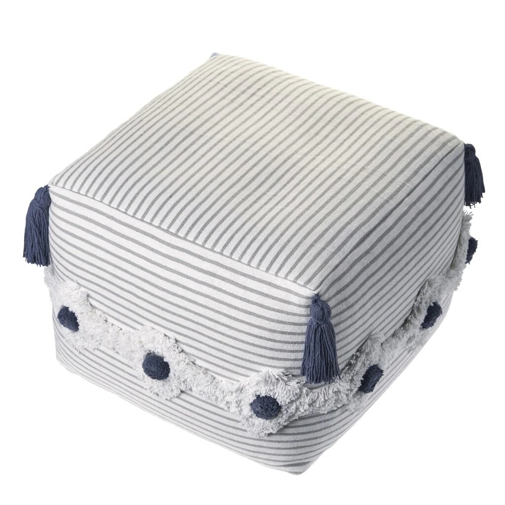 18 Inch Grey Pouf Ottoman Cotton Upholstery Striped Accent Seat
