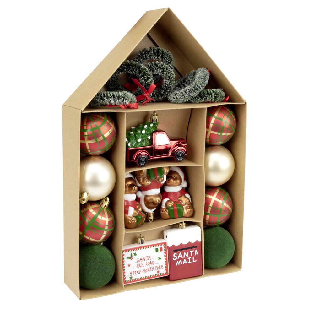 Kit décoration sapin de No&euml;l traditionnel rouge et vert 20 pièces