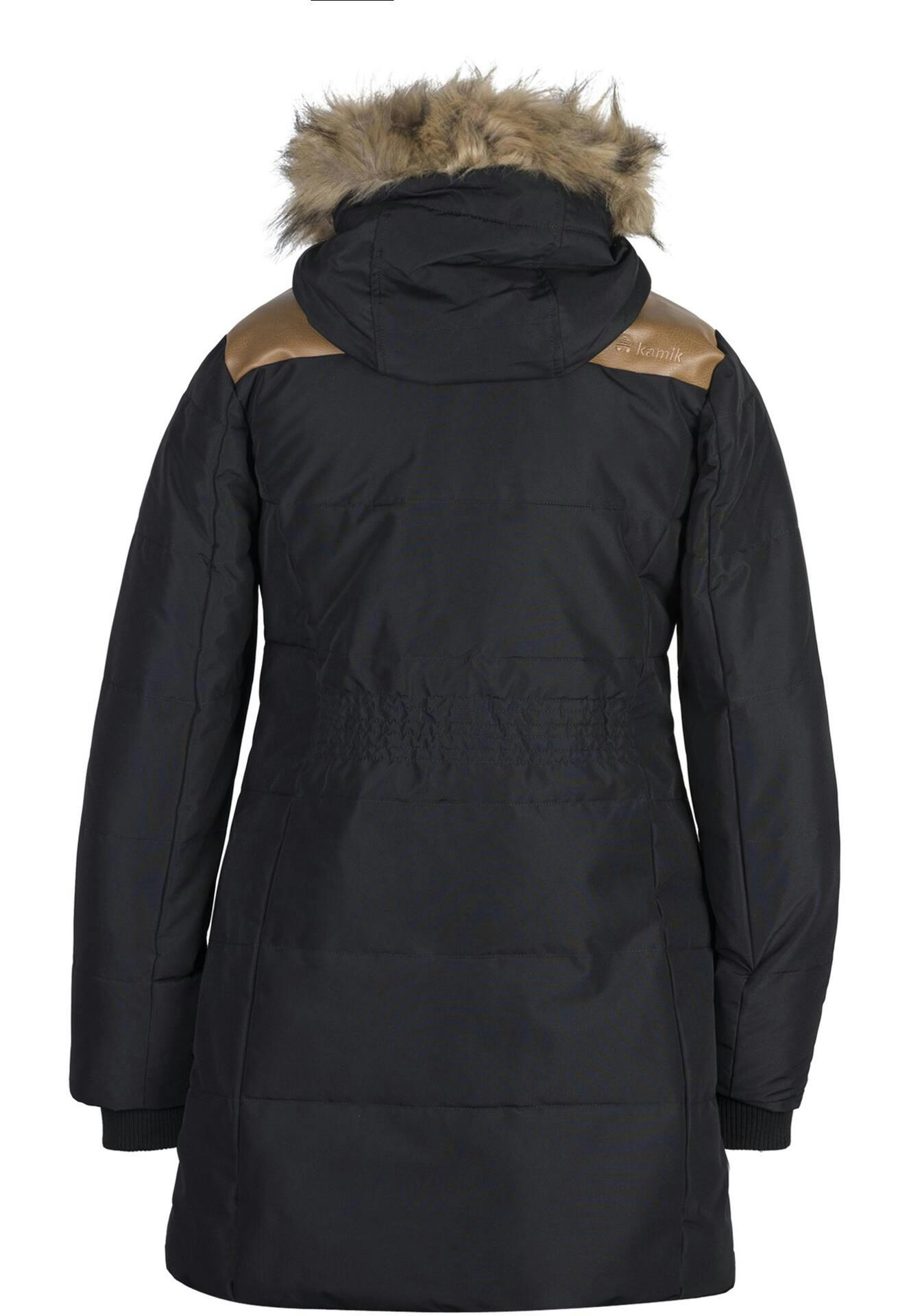 Kamik Women's Insulated Quilted Winter Parka Jacket Warm Faux Fur Trim Hood, Black