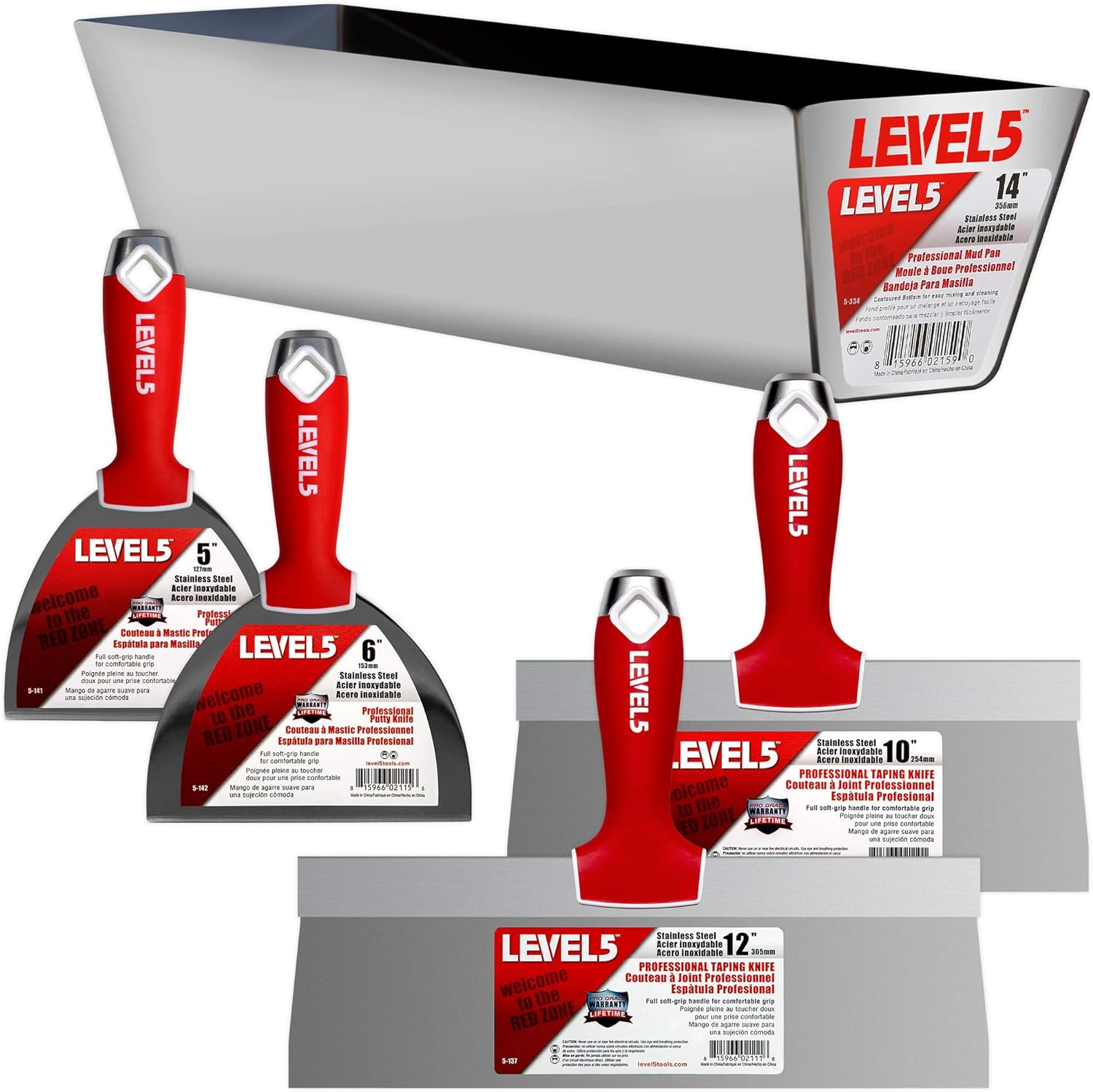 LEVEL5 Drywall Finishing Hand Tool Kit | 5, 6 Inch Joint Knives, 10, 12 Inch Taping Knives, 14 Inch Mud Pan | Stainless Steel Blades, Soft Grip Handles | Sheetrock Gyprock Plasterboard | 5-600