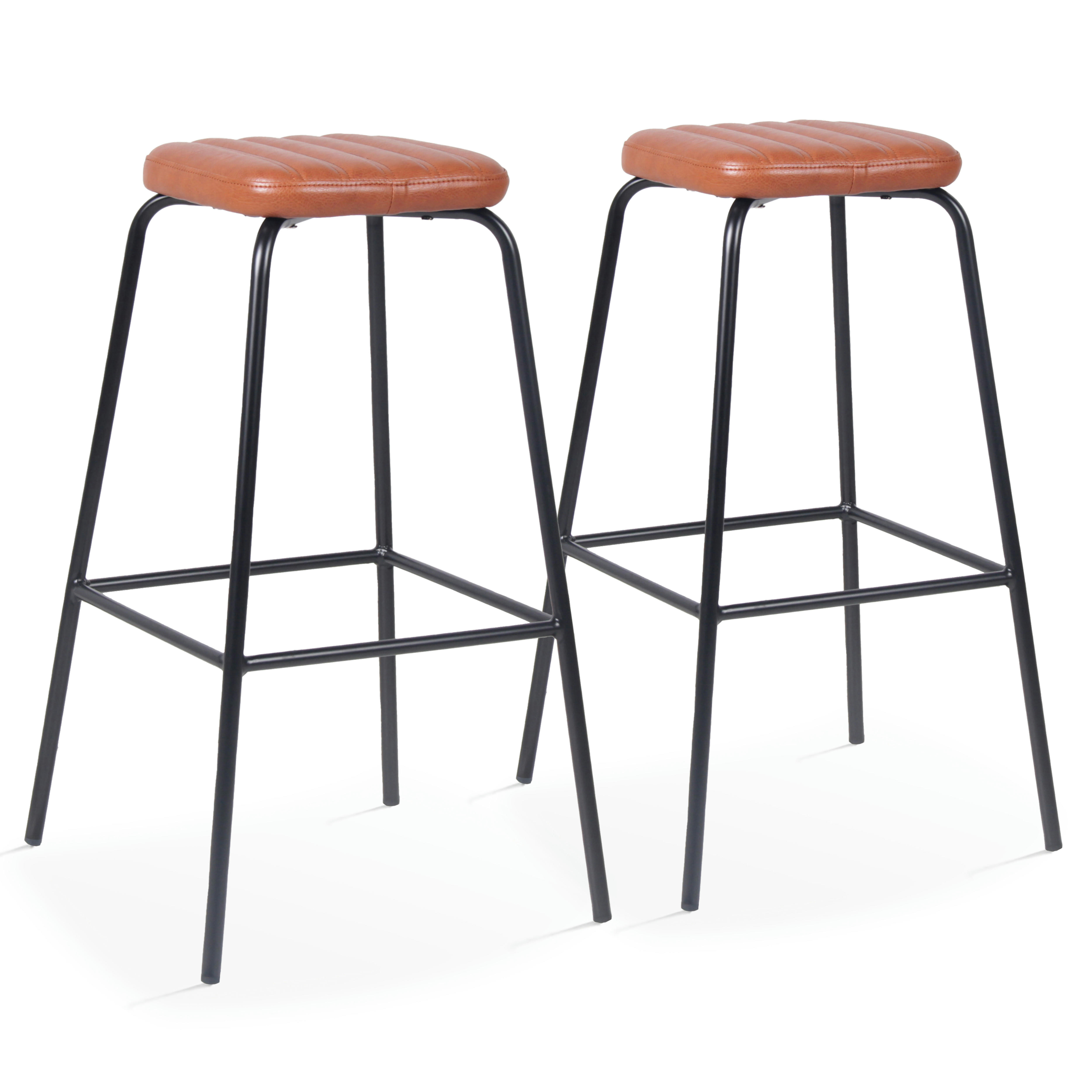 YORK - Lot de 2 tabourets hauts en textile enduit marron foncé