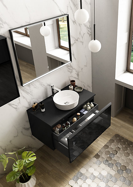 Meuble vasque suspendu noir mat et verre fumé l.90 cm   plan de toilette noir mat, Pura