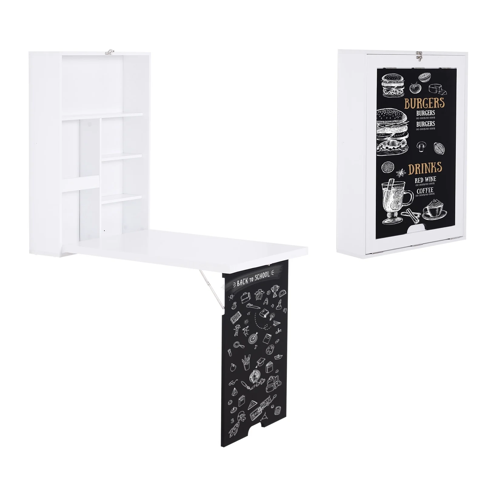 HOMCOM Wall Mounted Foldable Desk: Blackboard, Book Storage - Space Saving
