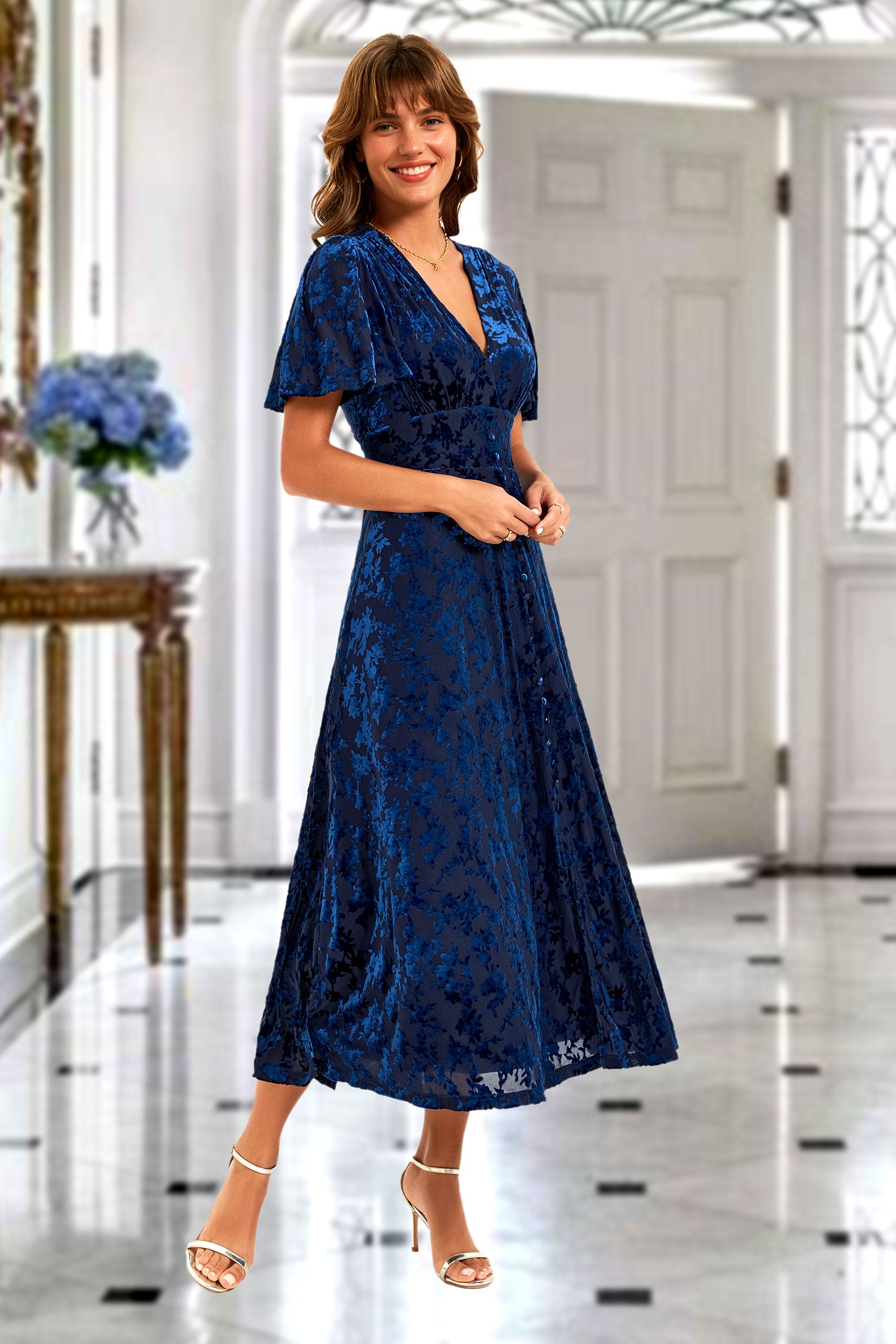 FS Collection Floral Velvet Devore V neckline Dress In Navy