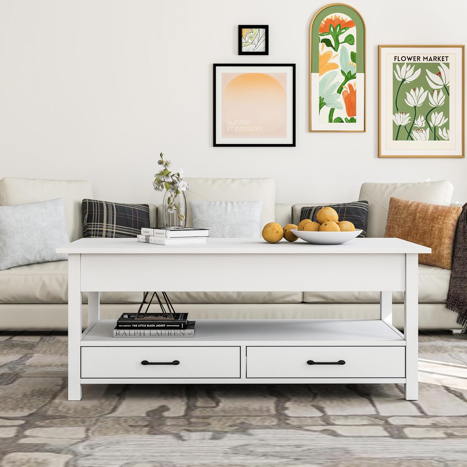 Panana Coffee Table, Lift Top Coffee Table with Hidden Compartment, 2 Drawers and 1 Open Shelf, Retro Central Wooden Table Lift Tabletop for Living Room (White)