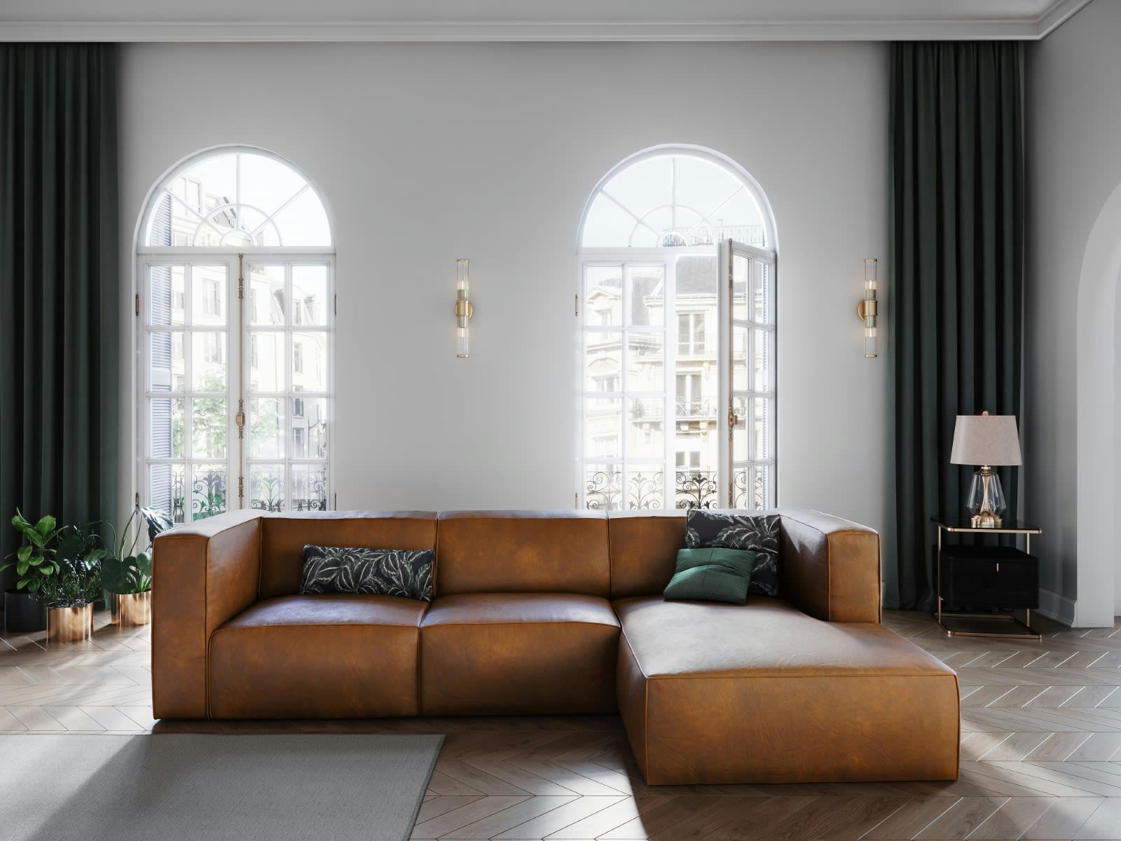 MUSE - Canapé D'Angle Droit 5 places en Cuir Véritable Marron