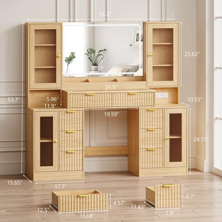 Fluted Makeup Vanity Desk with Mirror and Lights, 55 Glass Top Vanity with 8 Drawers & 4 RGB Glass Cabinets, Adjustable Shelves & Power Outlet, Modern Dressing Table Set for Women Girls Bedroom