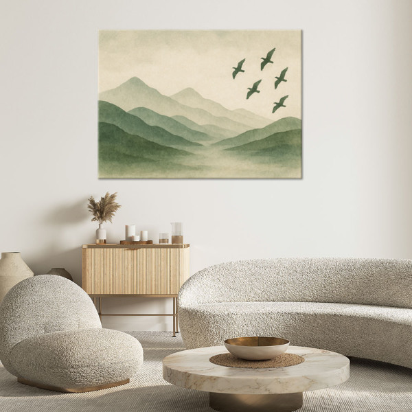 Feeby Obraz do sypialni, Góry Natura Akwarela Zieleń Ptaki 60x40