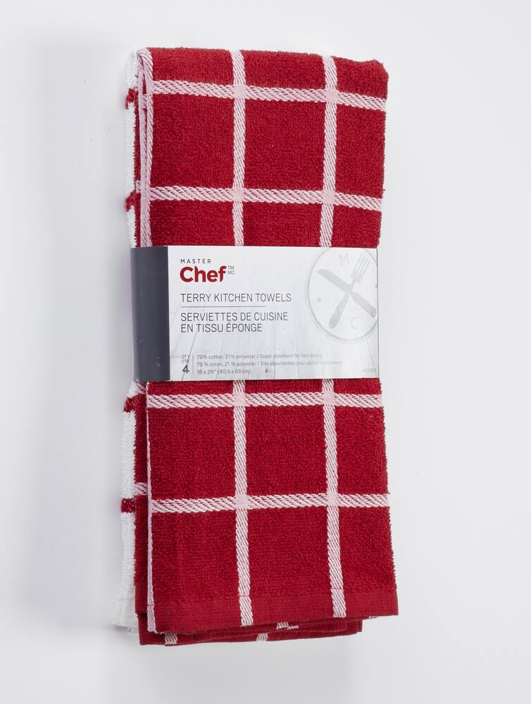 MASTER Chef Terry Cotton Checkered Kitchen Towels, Reusable, 16-in x 26-in, 4-pk, Red/White