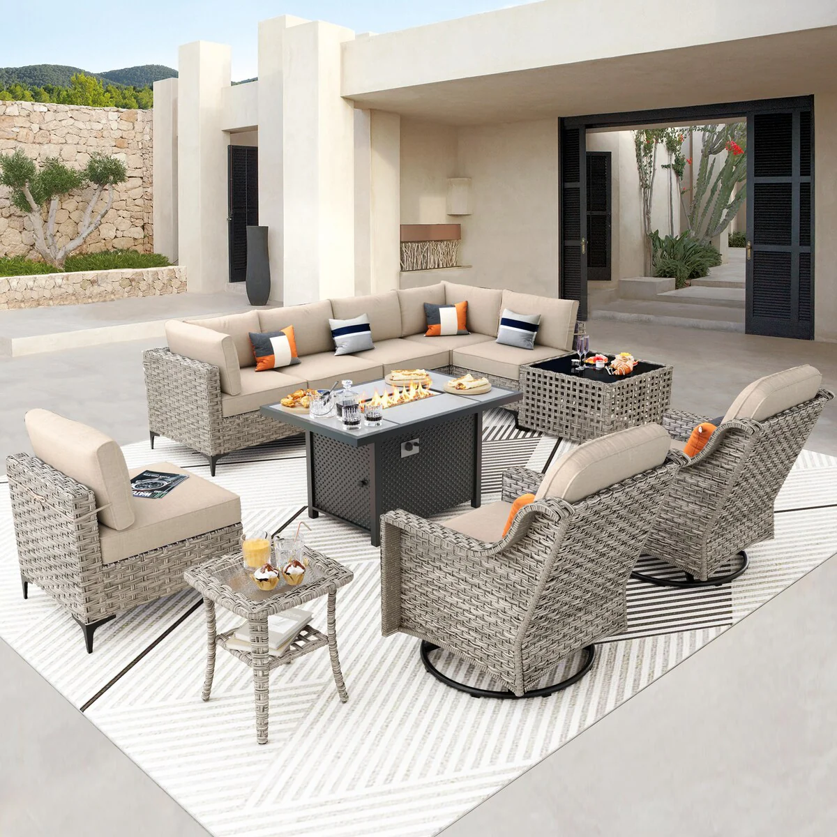 OVIOS 11 Pieces Outdoor Wicker Swivel Chair Set With Solar-Powered Coffee Table&Fire Pit