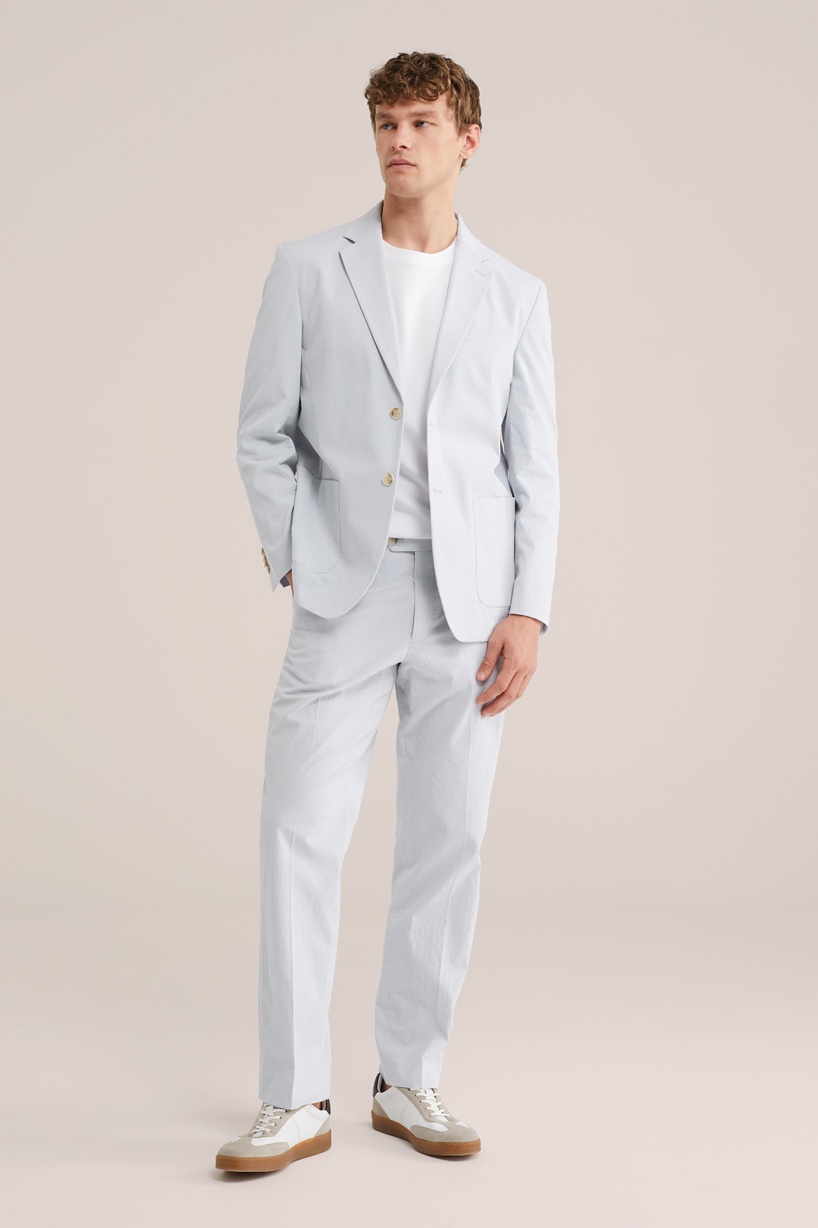 Heren regular fit seersucker pantalon