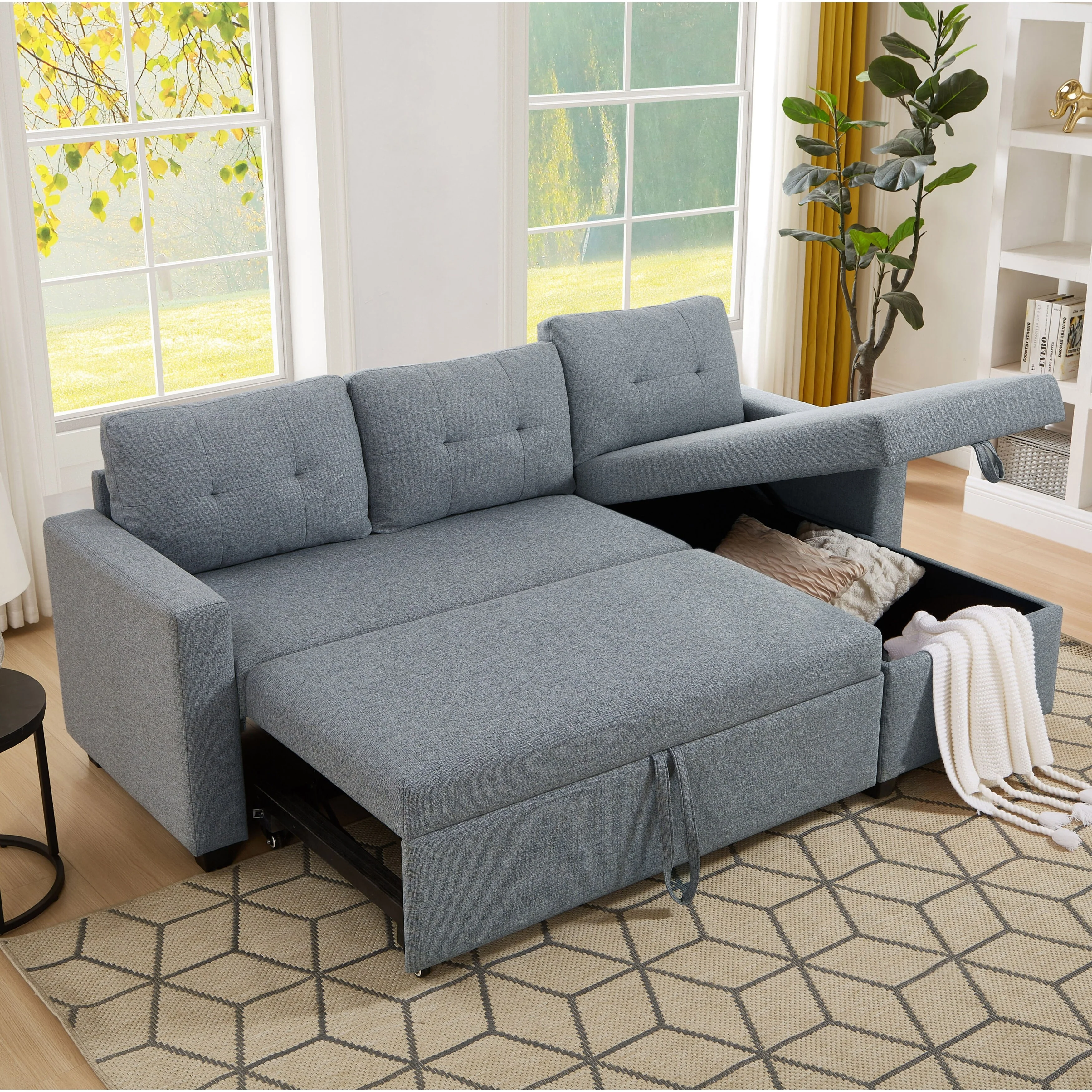 81.5'' Versatile Convertible 3-Seater Sectional Sofa with Storage Chaise, Pull-Out Bed, and Reversible Loveseat Options
