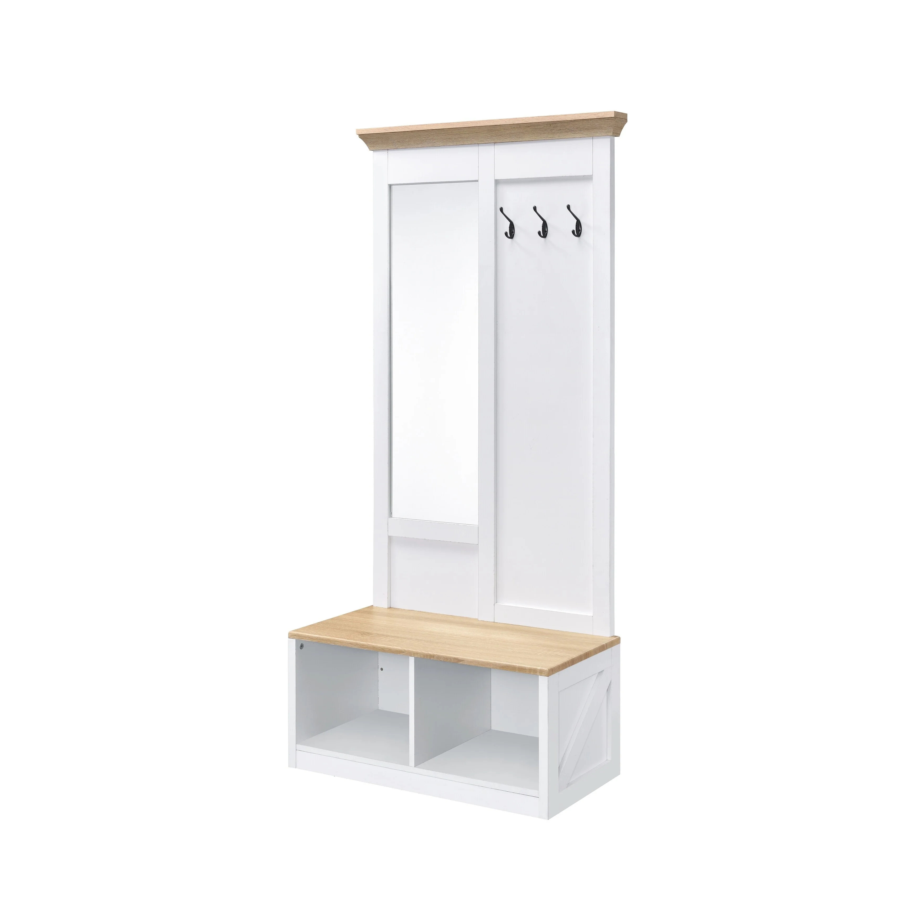 Modern Hall Tree with Full-Length Mirror, Bench, and Open Storage in Light Oak & White Finish