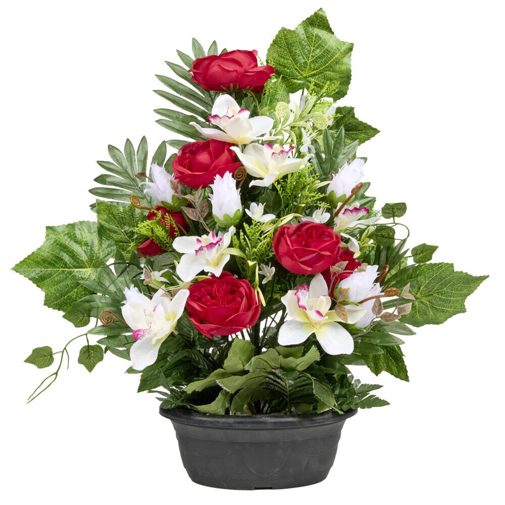 Composition florale pivoine orchidée lotus lierre pot ovale 54x10xH62&nbsp;cm (3 modèles)